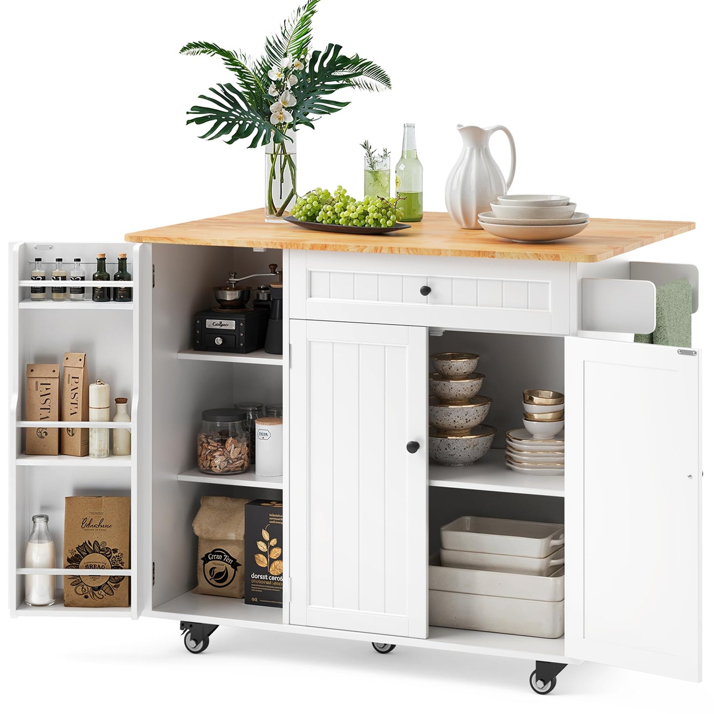 Ahomly Kitchen Island with Storage, Island Table for Kitchen with Drop Leaf, 5 Wheels, Interal Storage Rack, a Drawer, Spicy Rack and Towel Bar, Sufficient Countertop Space and Storage, White
