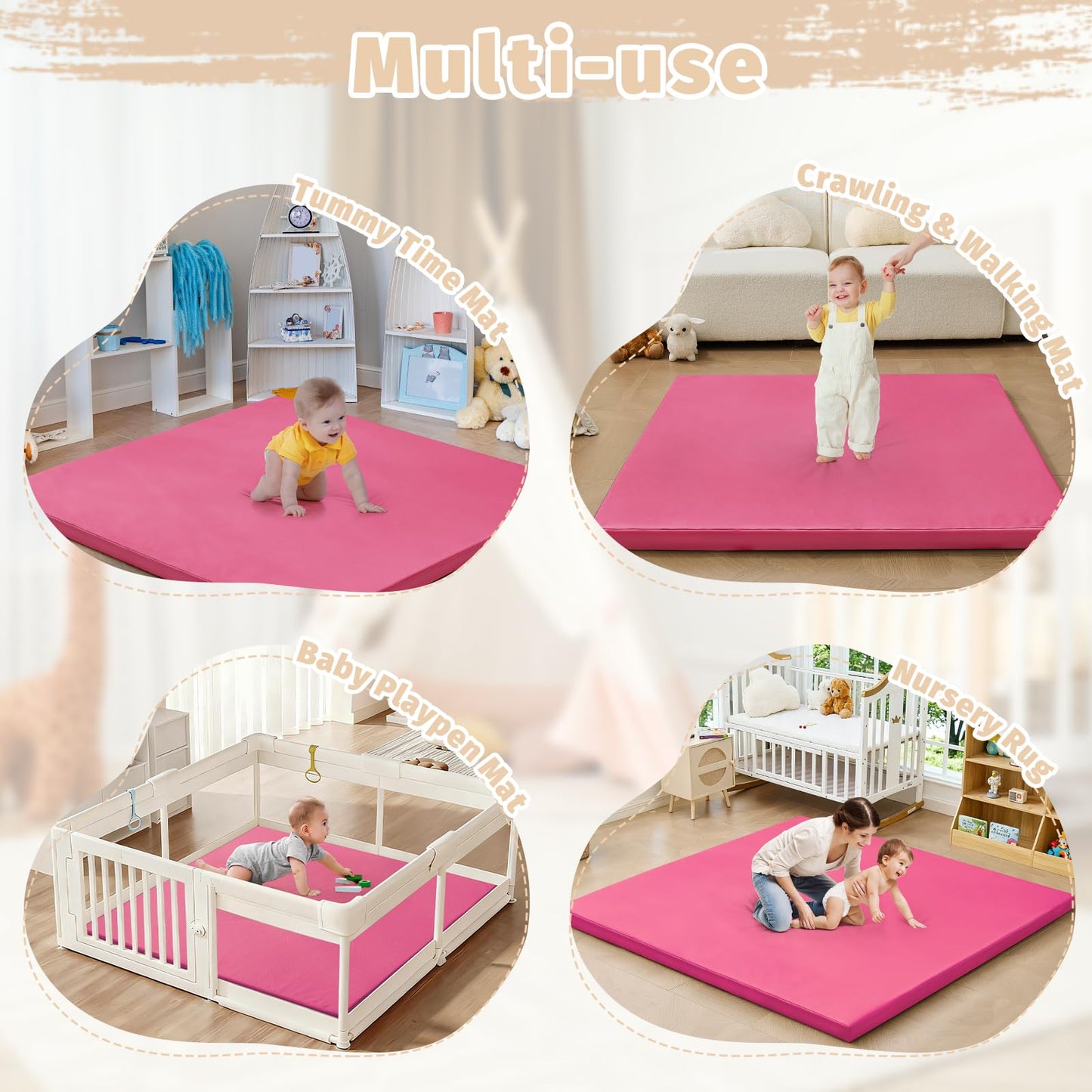 ILPEOD Waterproof Baby Play Mat for Floor Memory Foam 50 * 50 Cushion Playpen Playmat Tummy Time Crawling Mat Nursery Rug Thick Pad Create Soft & Safe Area for Infants,Toddler,Kids,Hot Pink