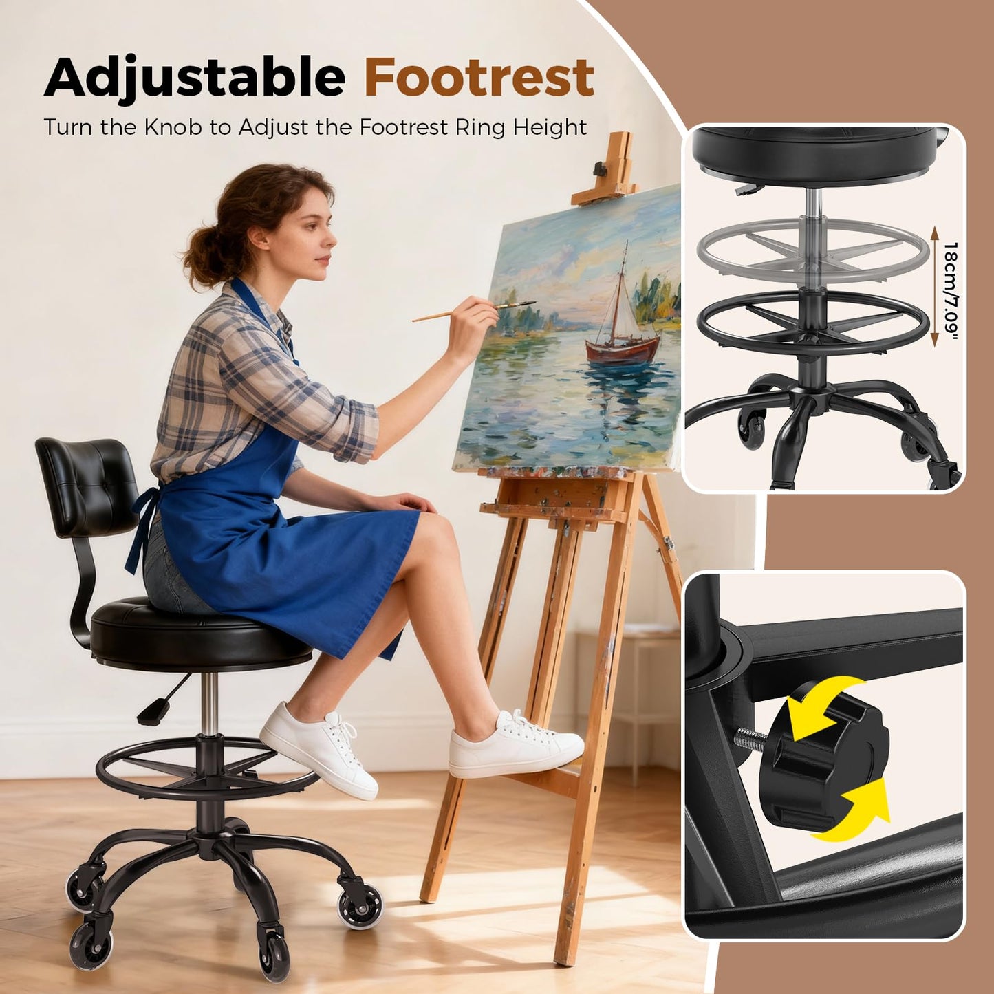 FREEKYROCK Office Drafting Chair with Footrest, Tall Height Adjustable Stool with Back Support, Heavy Duty Rolling Stool Chair with Wheels for Office Home Kitchen Bar Shop Guitar Studio Vanity, Black