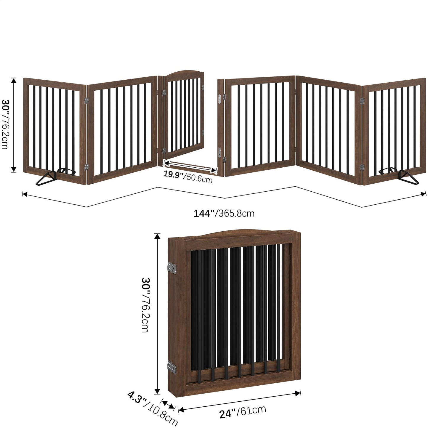 Vantas Folding Pet Gate 144" Wide, 30" Tall No-Assembly Wooden Dog Gate with Door Walk Through, Freestanding Puppy Safety Fence, with 2PCS Support - Brown