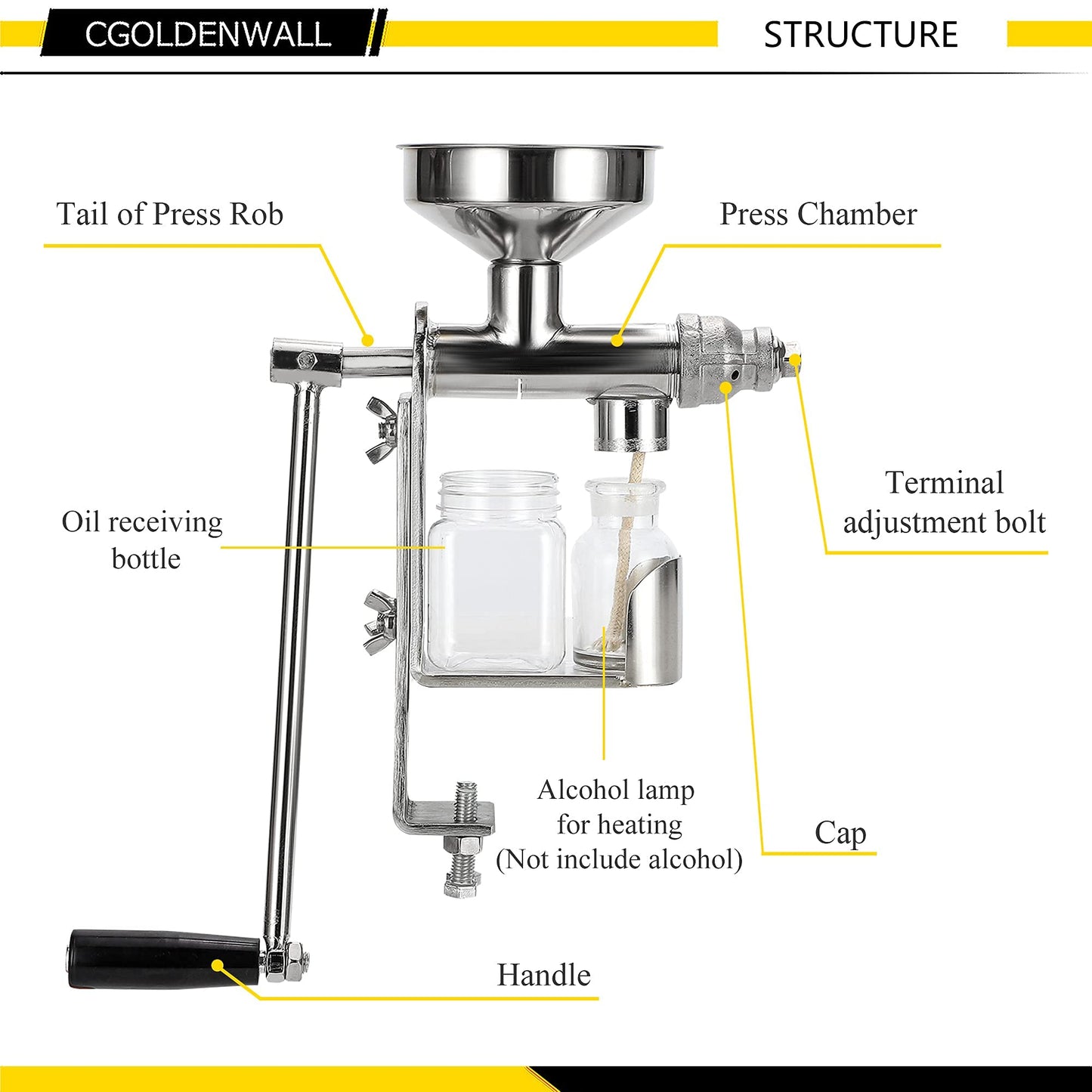 CGOLDENWALL Manual Oil Press Machine Household Seed Oil Press Extractor Peanut Nuts Oil Expeller for Physical Press and Continuous Expelling