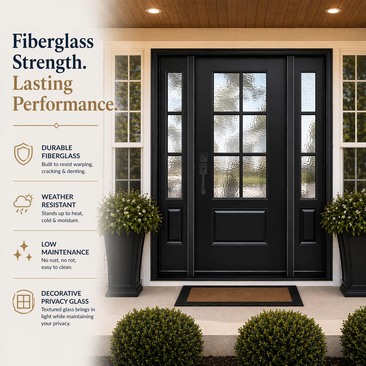 68x96in Fiberglass Front Door with 14in Sidelight, Black Exterior Entry Door for Home, Right-Hand Inswing, Textured Finished with Hammered Glass Knock-Down Door, Vinyl Frame and Brickmould Included