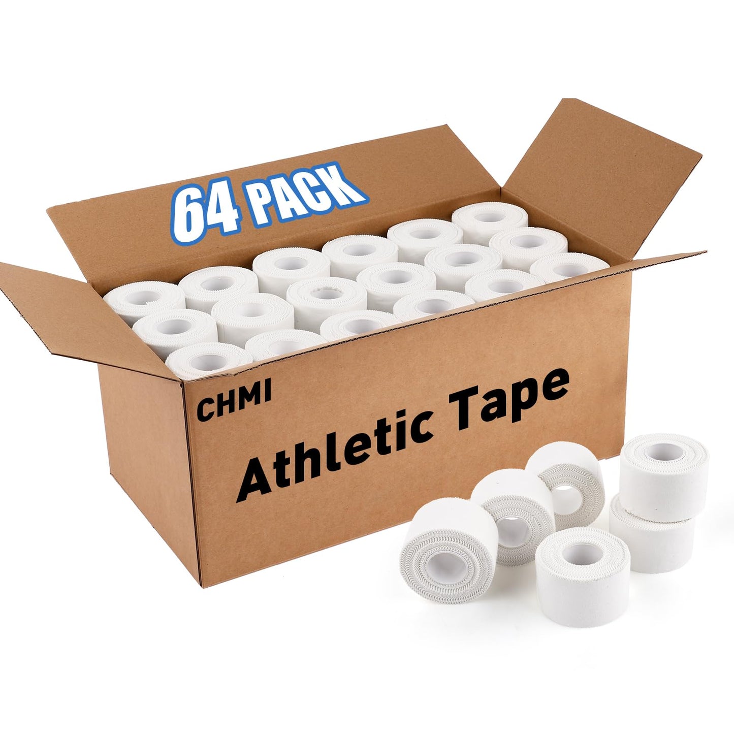 CHMI Athletic Tape,White Sports Tape (64 Pack), 640 Yards Rolls Very Strong Easy Tear NO Sticky Residue Best Tape for Gymnastics Climbing Bat Injuries Medical (1.5 Inch X 640 Yards).
