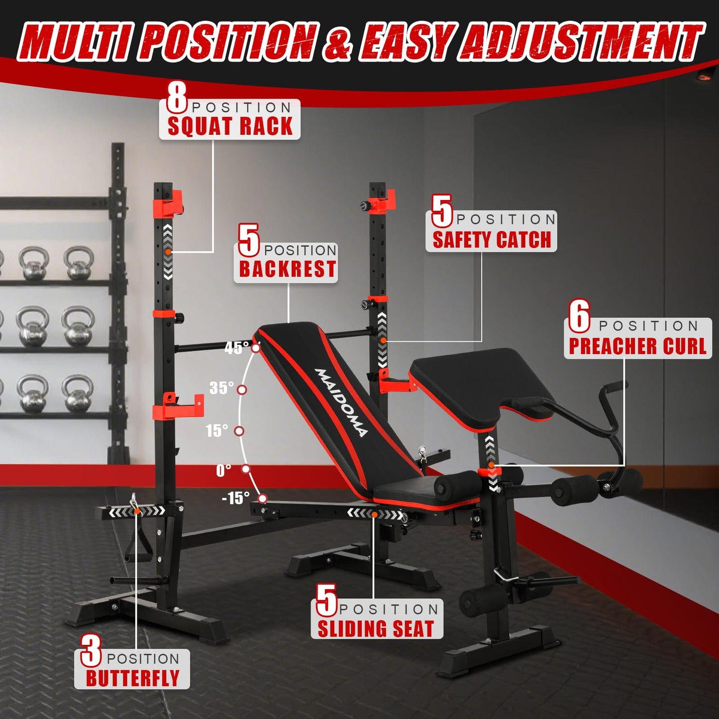 1500LBS 6 in 1 Weight Bench Set with Leg Extension/Curl and Preacher Curl, Bench Press Set and barbell Rack with Safety Bar Catches, Foldable Workout Benches for Home(US Stock)