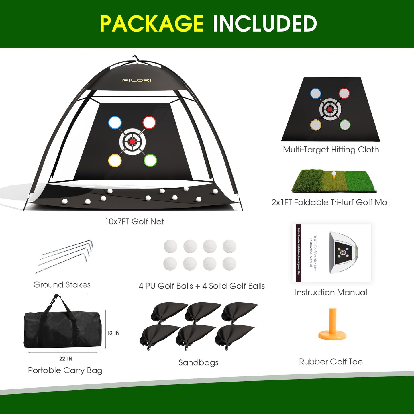 FILORI Golf Practice Net 10x7FT - Golf Hitting Net with Tri-Turf Mat, 8 Balls, Tee & Carry Bag, Indoor/Outdoor Backyard Training for Driving Chipping Swing, Ideal Gifts