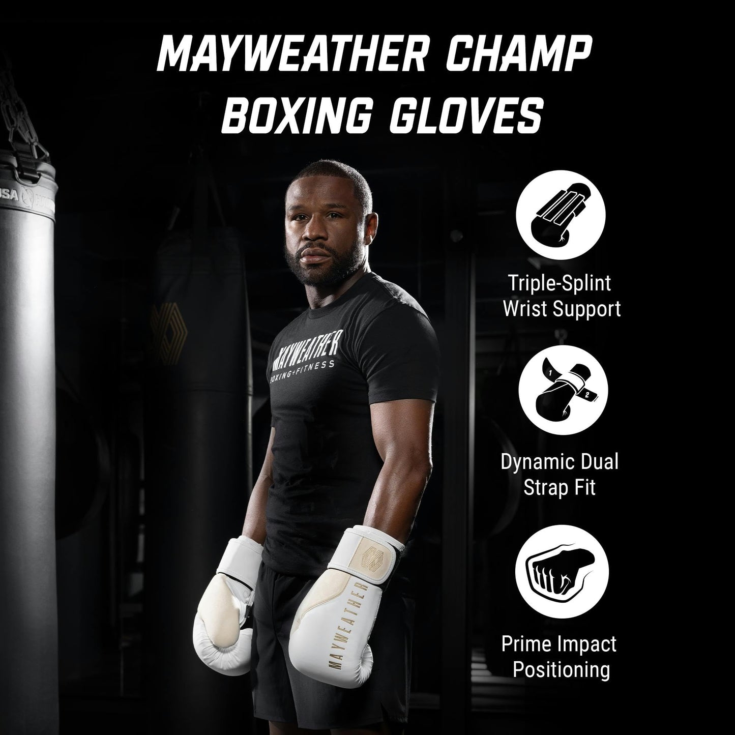 Hayabusa Mayweather Champ Boxing Gloves for Men and Women - White/Gold, 16oz