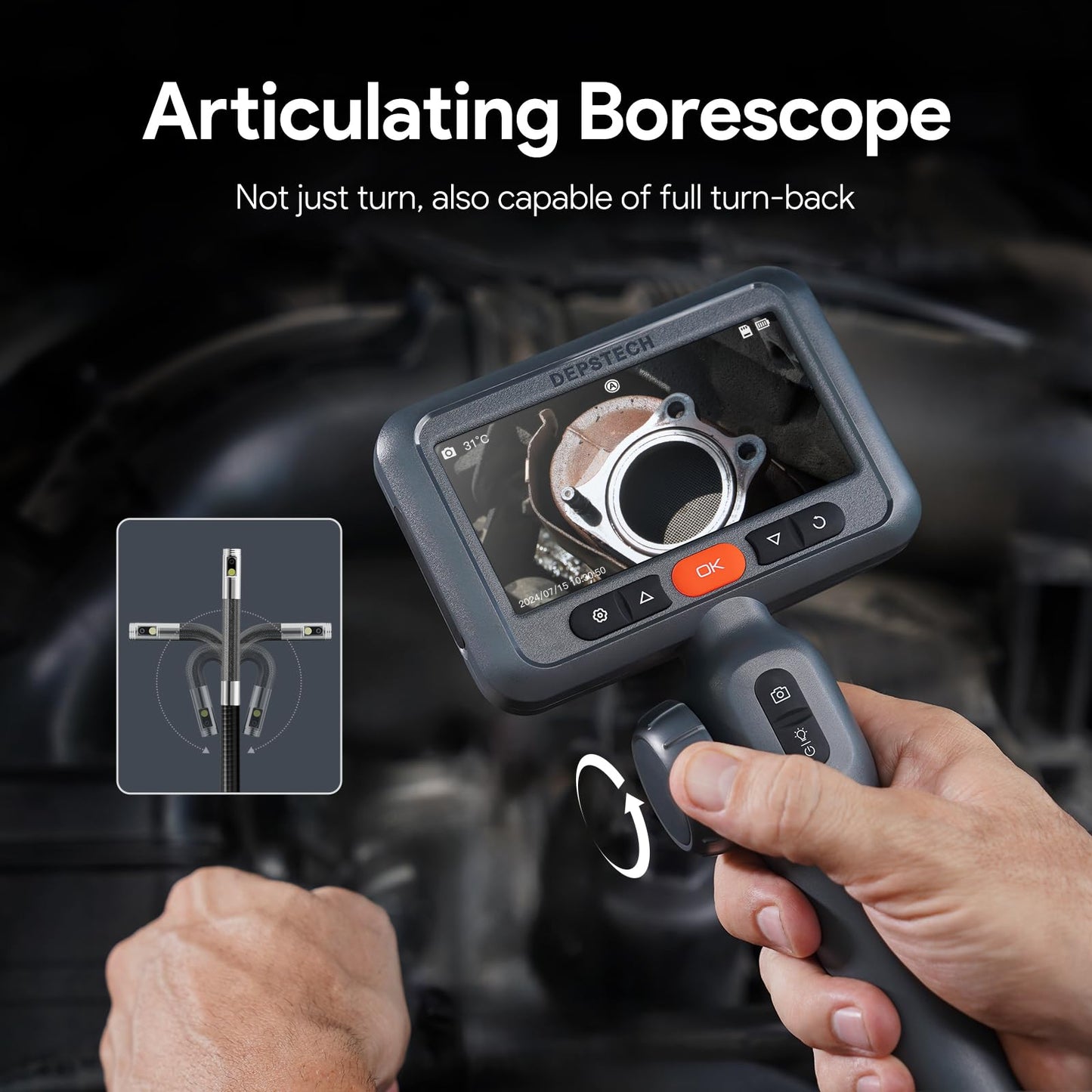 DEPSTECH 10FT Articulating Endoscope Camera with Light: Dual Lens Two-Way Articulated Industrial Borescope with 4.5" Screen and Snake Cable, Inspection Camera Automotive Tool for Wall, Pipe, Mechanic