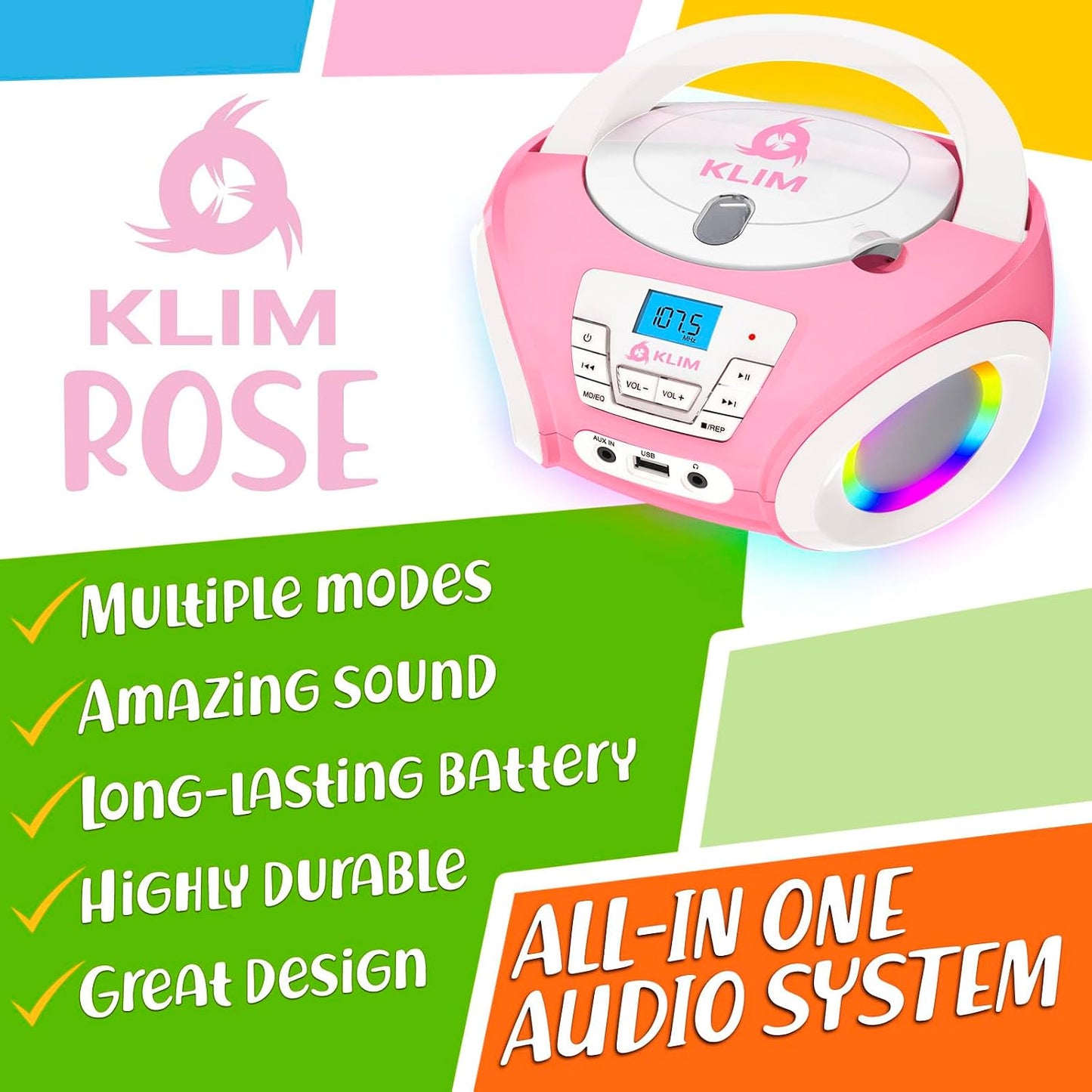 KLIM Candy Kids Portable CD Player New Version Boombox with FM Radio & Speakers Includes Batteries Cute Pink Design