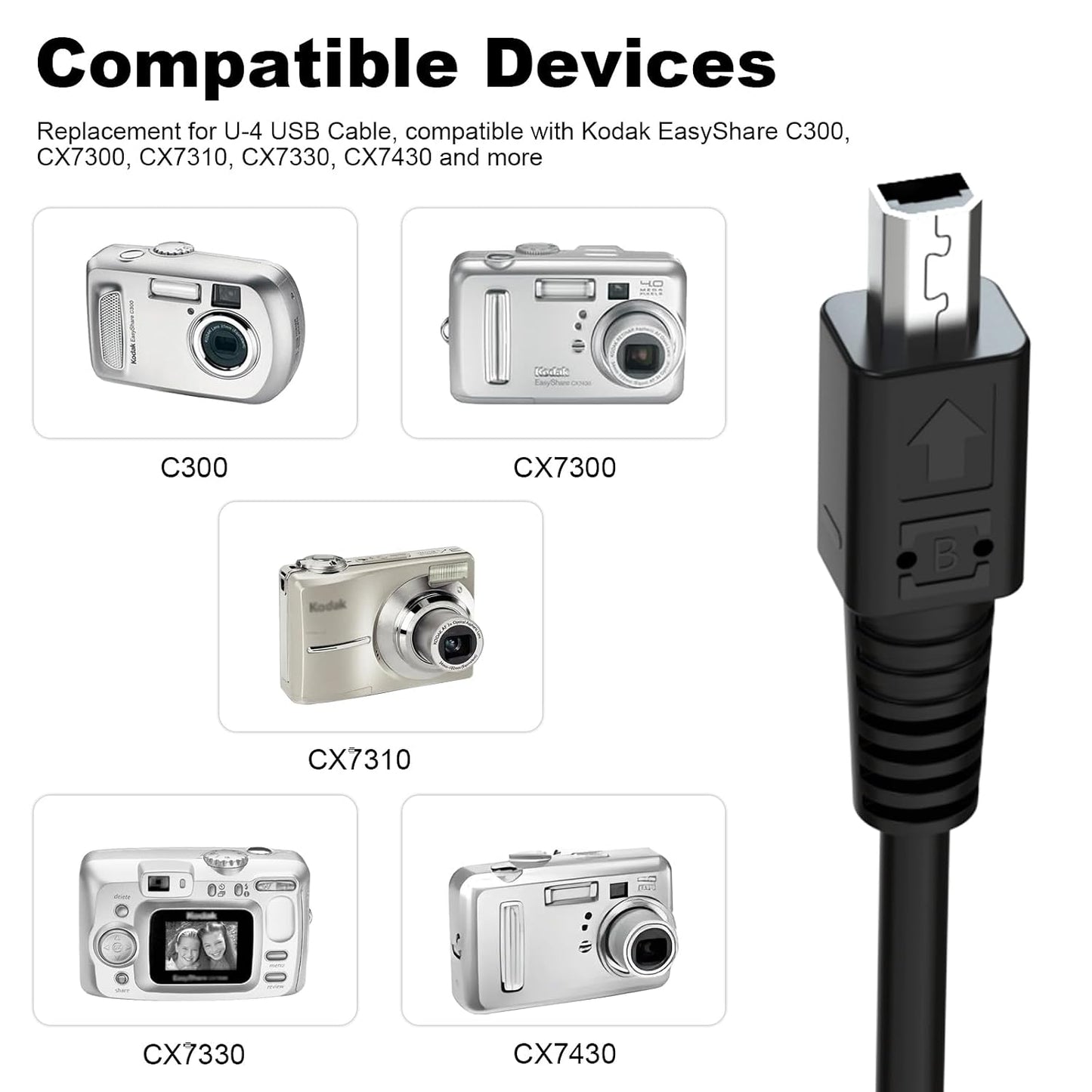 CB-USB1 C-1 C-2, C-200, C-2040 D-100, D-150, E-10, E-100 C300, CX7300, CX7310, CX7330, CX7430 Replacement USB Cable