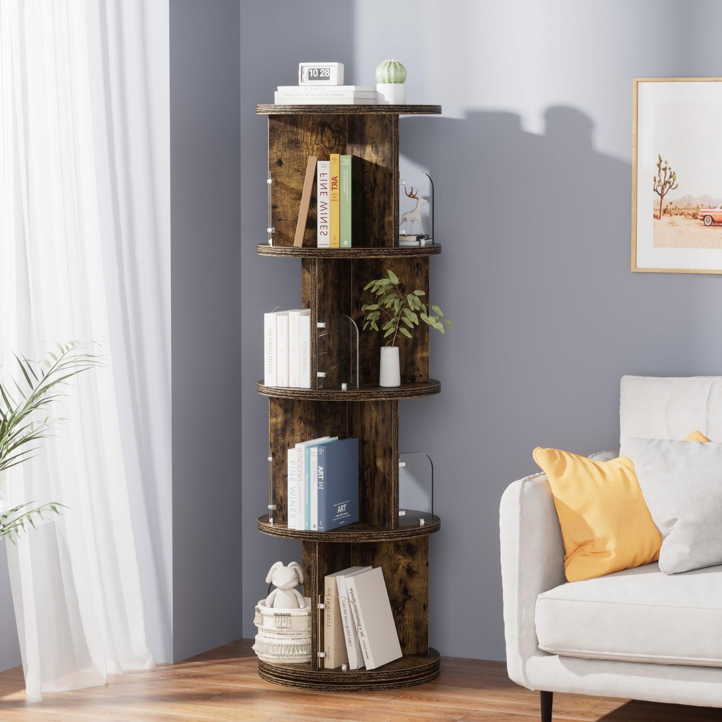 VECELO Rotating Bookshelf Tower, 360°Revolving Bookcase, Round Book Shelf Rotating, Stackable Storage Display Rack Floor Standing, Corner Bookshelf for Home Office, Deep Brown