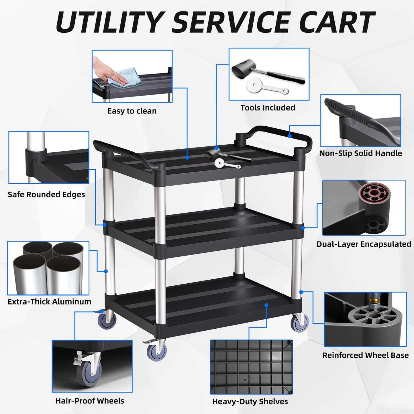 Utility Cart with Tangle-Free Wheels, 3 Tier Rolling Cart with Wheels(2 with Brakes), Heavy Duty 350 Lbs Capacity,Commercial Serving Cart for Home, Office, Restaurant, Warehouse.34 L x 17" W x 38" H