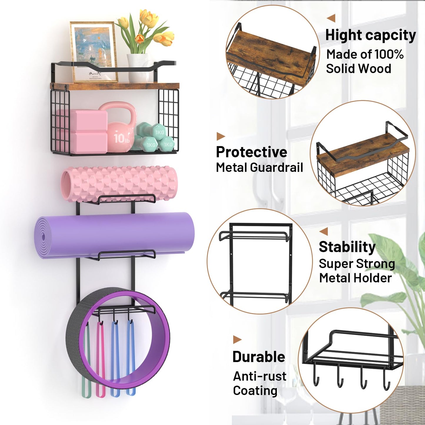 LIDTOP 6-Tiers Yoga Mat Holder Wall Mount with Wood Floating Shelves, Yoga Mat Storage Rack Home Gym Accessories with Hooks for Hanging Stretching Strap & Resistance Bands, Yoga Room/Home Gym Decor