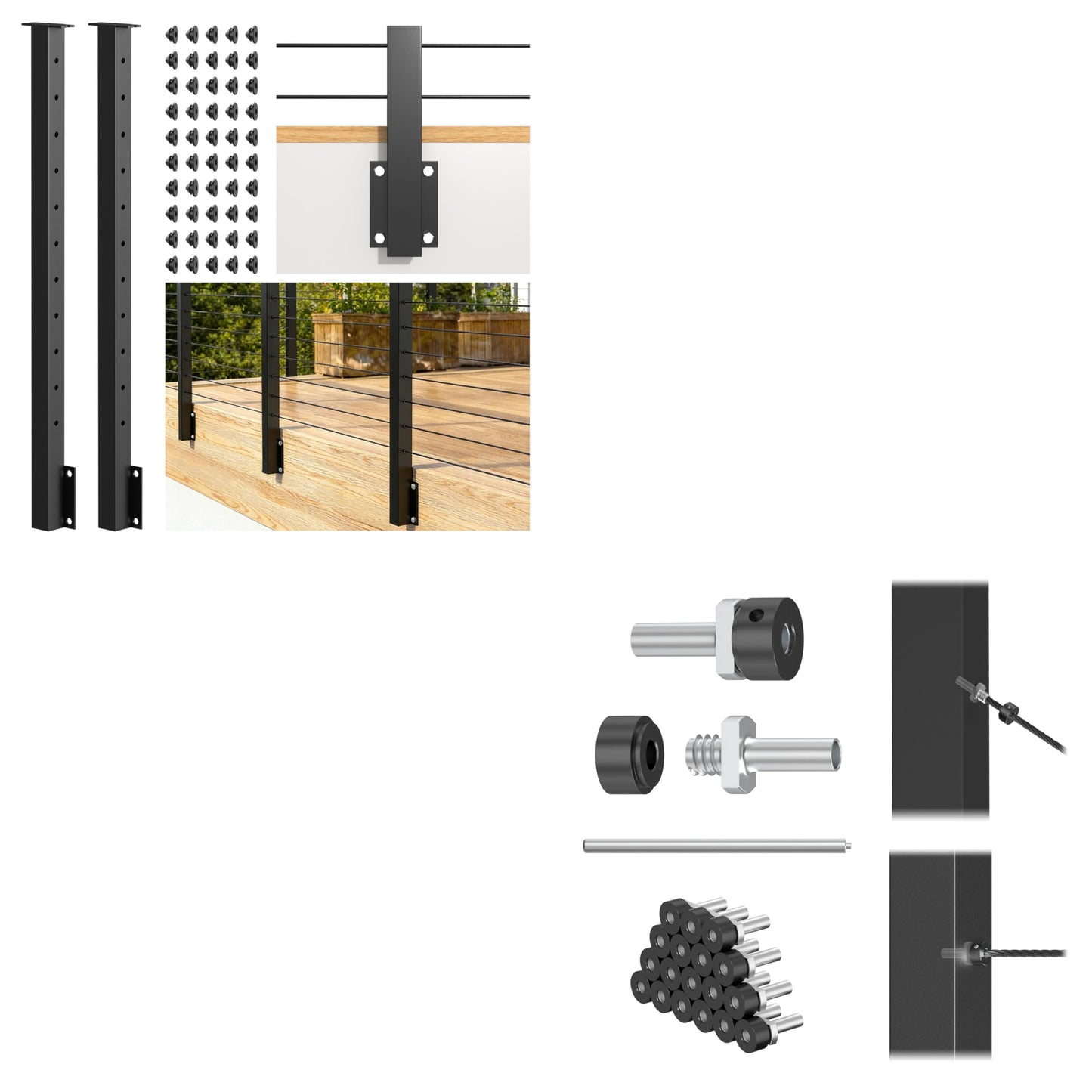 PLANTOP 36" Side Mount Cable Railing Post Kit, Included 2 Pack Level Drilled Fascia Mount Posts, 1/8" Invisible Cable Railing Anchor Terminal, Stainless Steel Handrail Deck Corner Post for Indoor Out