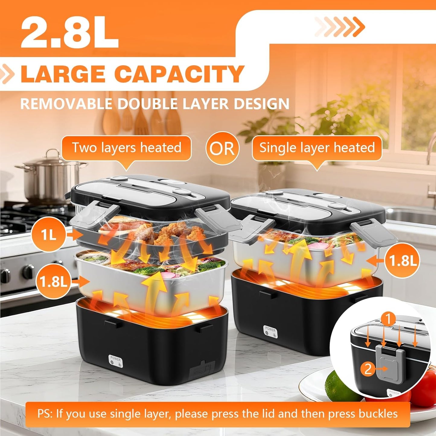 Skiennix Electric Lunch Box - 2.8L Double Layer Food Heater for Home, Office & Car - Black