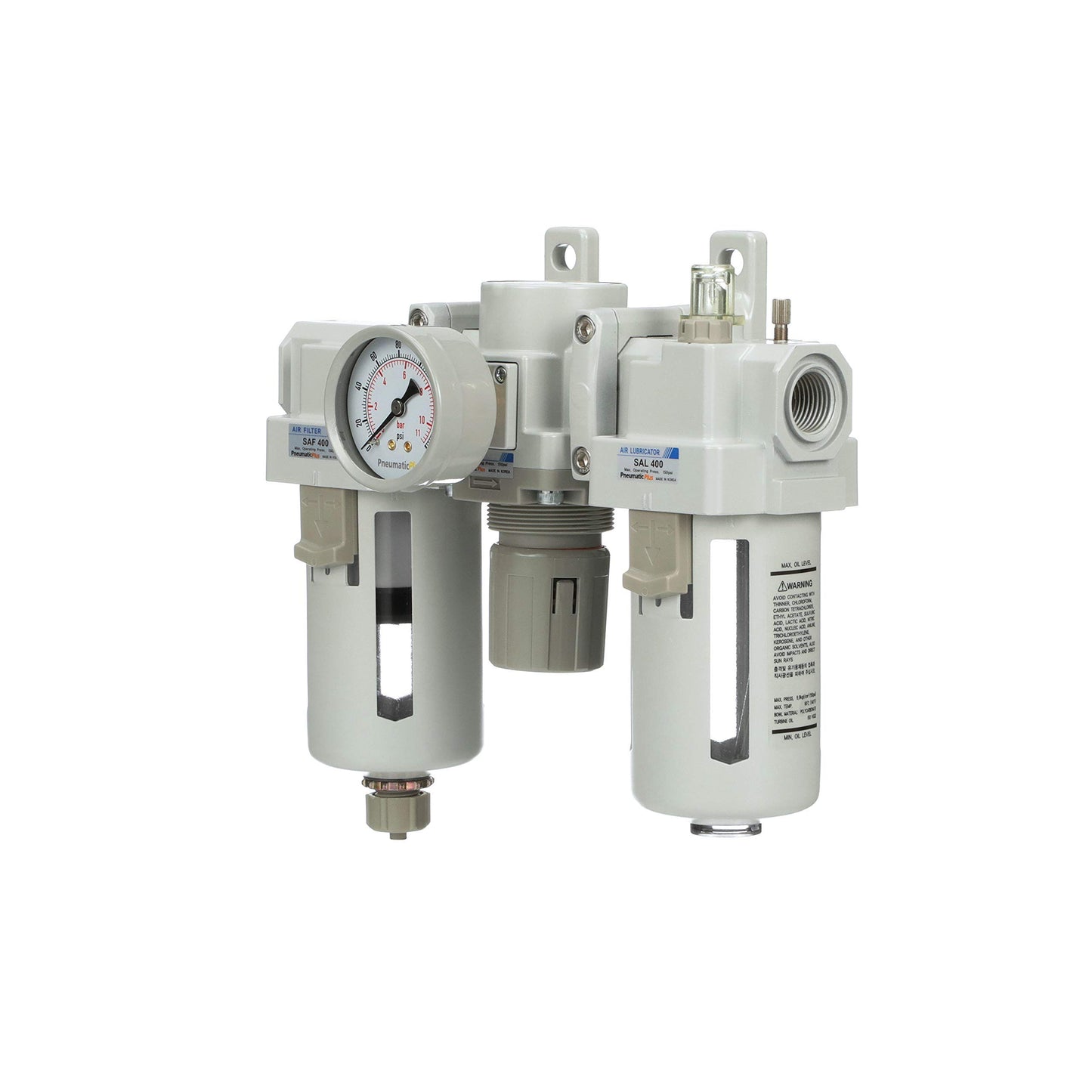 PneumaticPlus SAU400-N04G Compressed Air Filter Regulator Lubricator Combo 1/2" NPT - Poly Bowl, Manual Drain, Bracket, Gauge