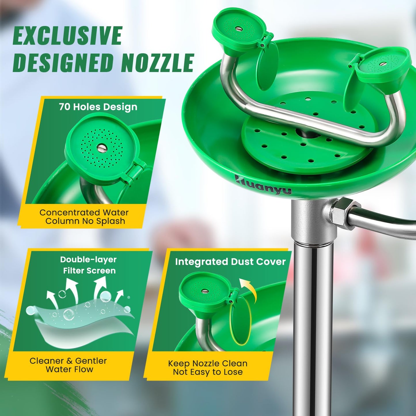 Huanyu Emergency Eye Wash Station Floor Mount Adjustable Water Flow Stand Up Eye Wash Station Eyewash Stations Stainless Steel Eye Wash Units Factory (1202-1 Green)