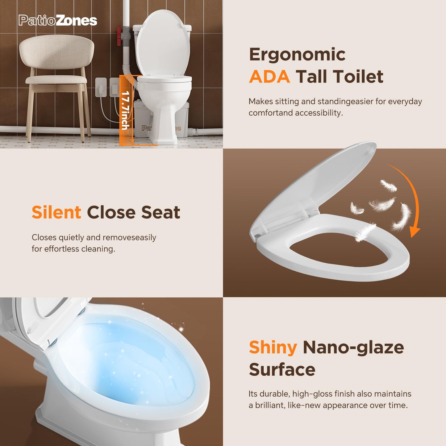 36ft Macerating Toilet System, Heated Seat/Bidet Attachment Inclued, Upflush Toilet with Sewage Grinder Pump for Basement, Quiet Copper Motor, Two-Piece 17.7" Tall Toilet, Less Consumption