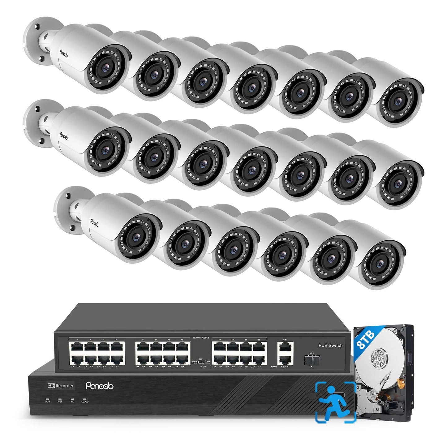 PANOOB 32 Channel Security Camera System, 4K 32CH PoE NVR 8TB HDD, 20x 5MP Wired Surveillance IP PoE Cameras Outdoor with AI Human Detection, Built-in Microphone, 100ft IR Night Vision, PB37F2032-5M