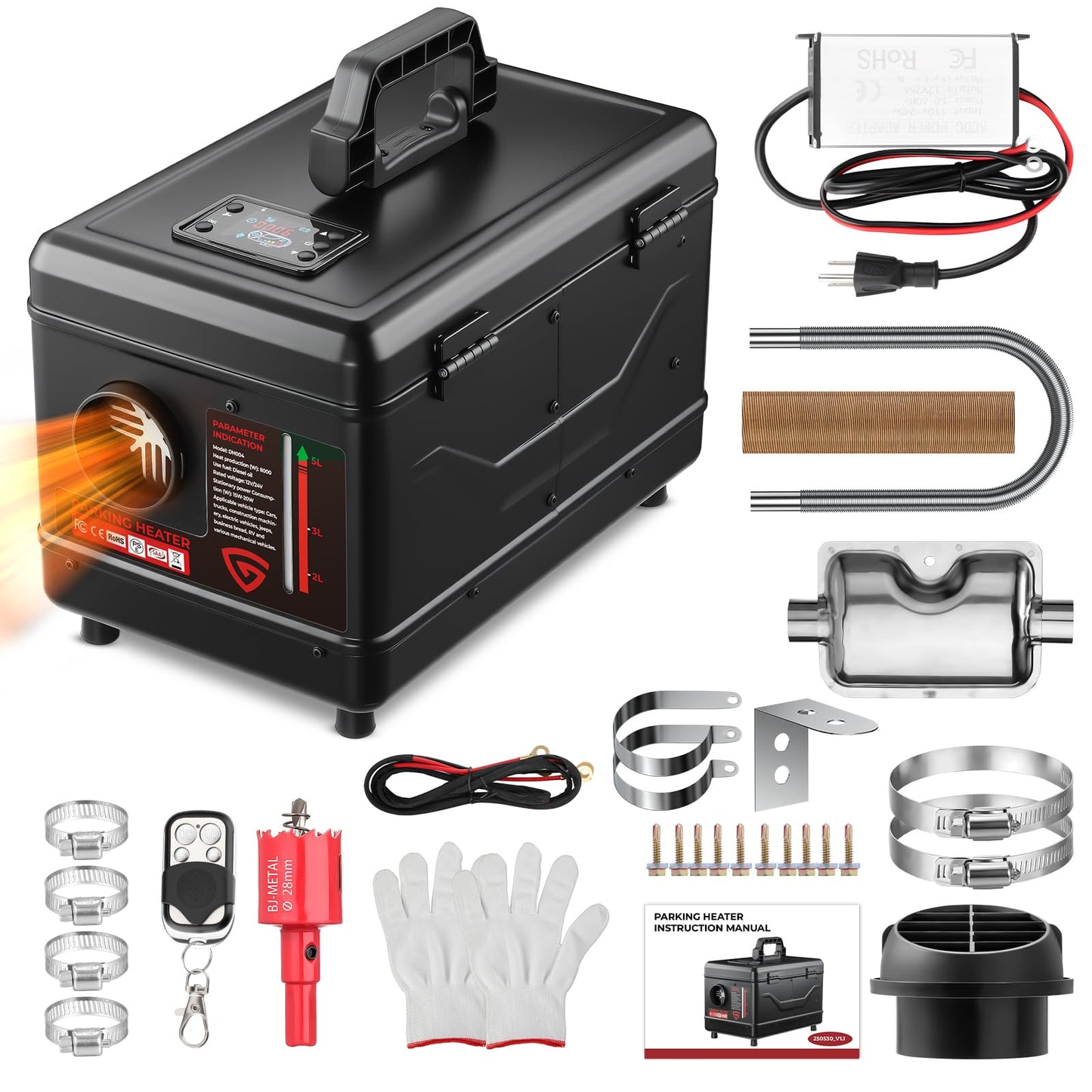 GEARLASSO Diesel Heater 12V/24V/110V 8KW Protable Toolbox Diesel Parking Heater with APP Remote Control and Charger LCD Screen Suitable for Home Shop Garage RV Trailer Boat Camper Black