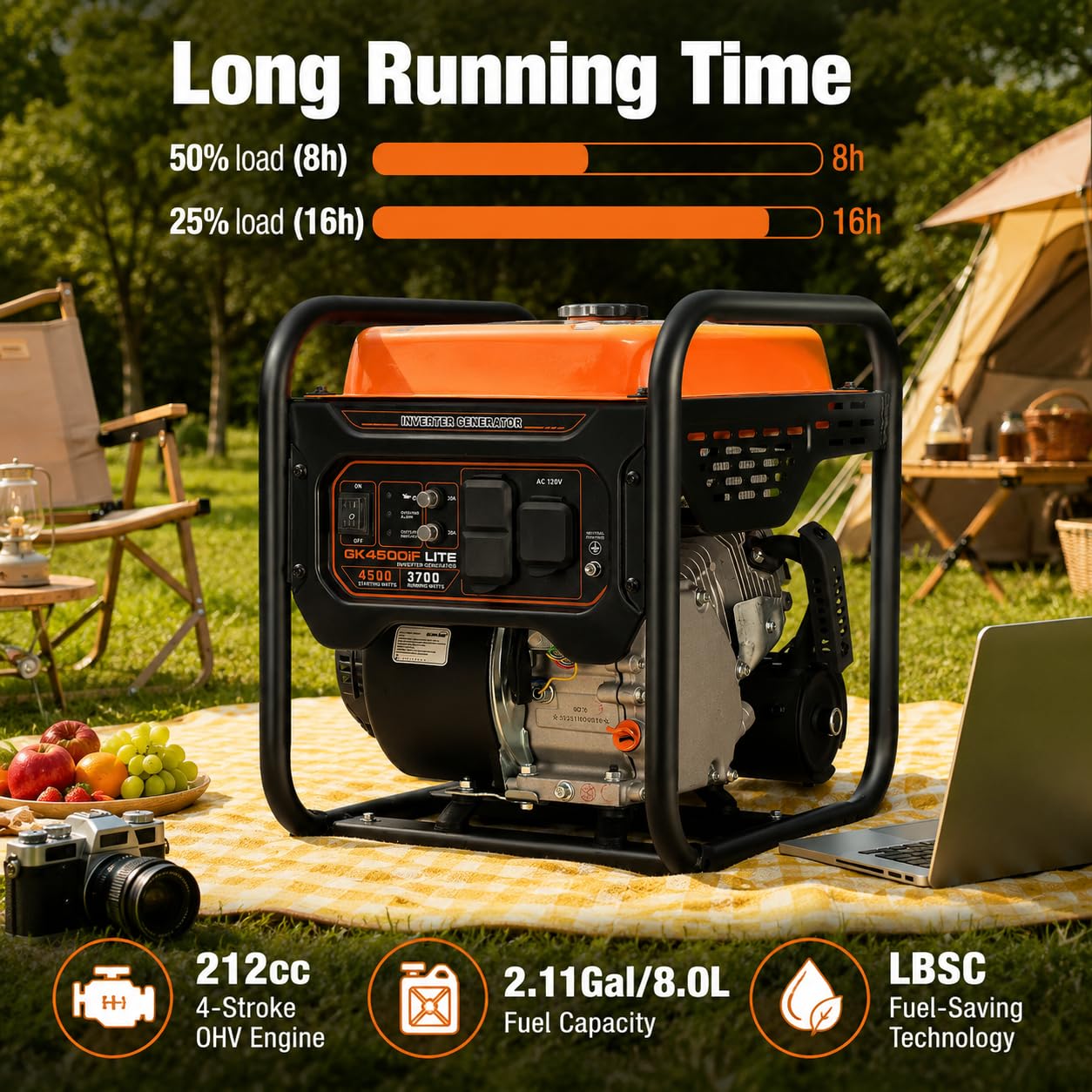 Genkins 4500 Watt Open Frame Inverter Generator 30 Amp Pure Sine Wave Noise Reduced 50% 56lbs EPA complied Gas Powered