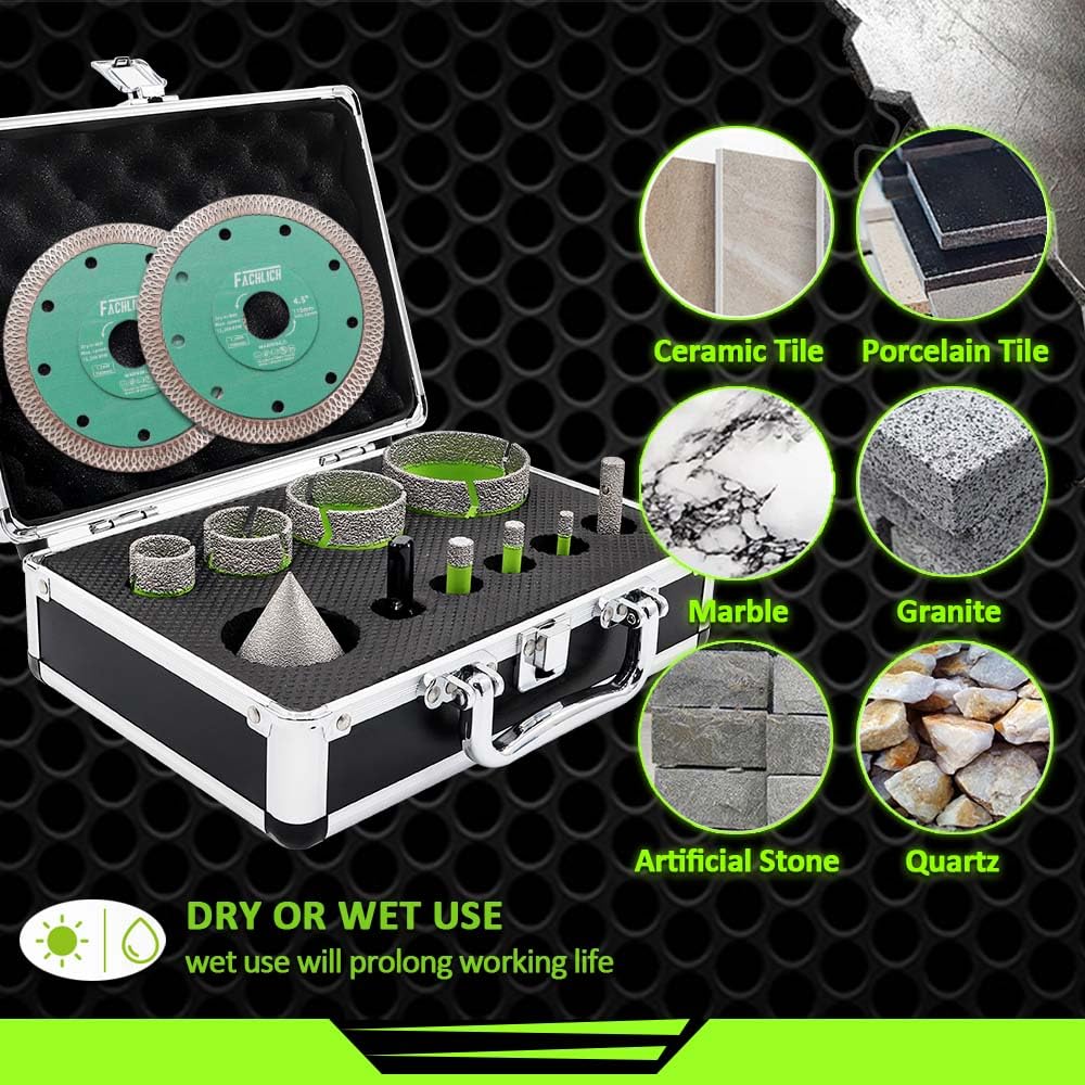 Tile Hole Saw Kit Diamond - (6/8/10/25/35/50/65mm Drill Bits+Finger Bit+Chamfer Bit+Adapter+Tile Blade) Diamond Hole Saw Kit for Porcelain Ceramic Marble Brick Granite,5/8"-11 Thread