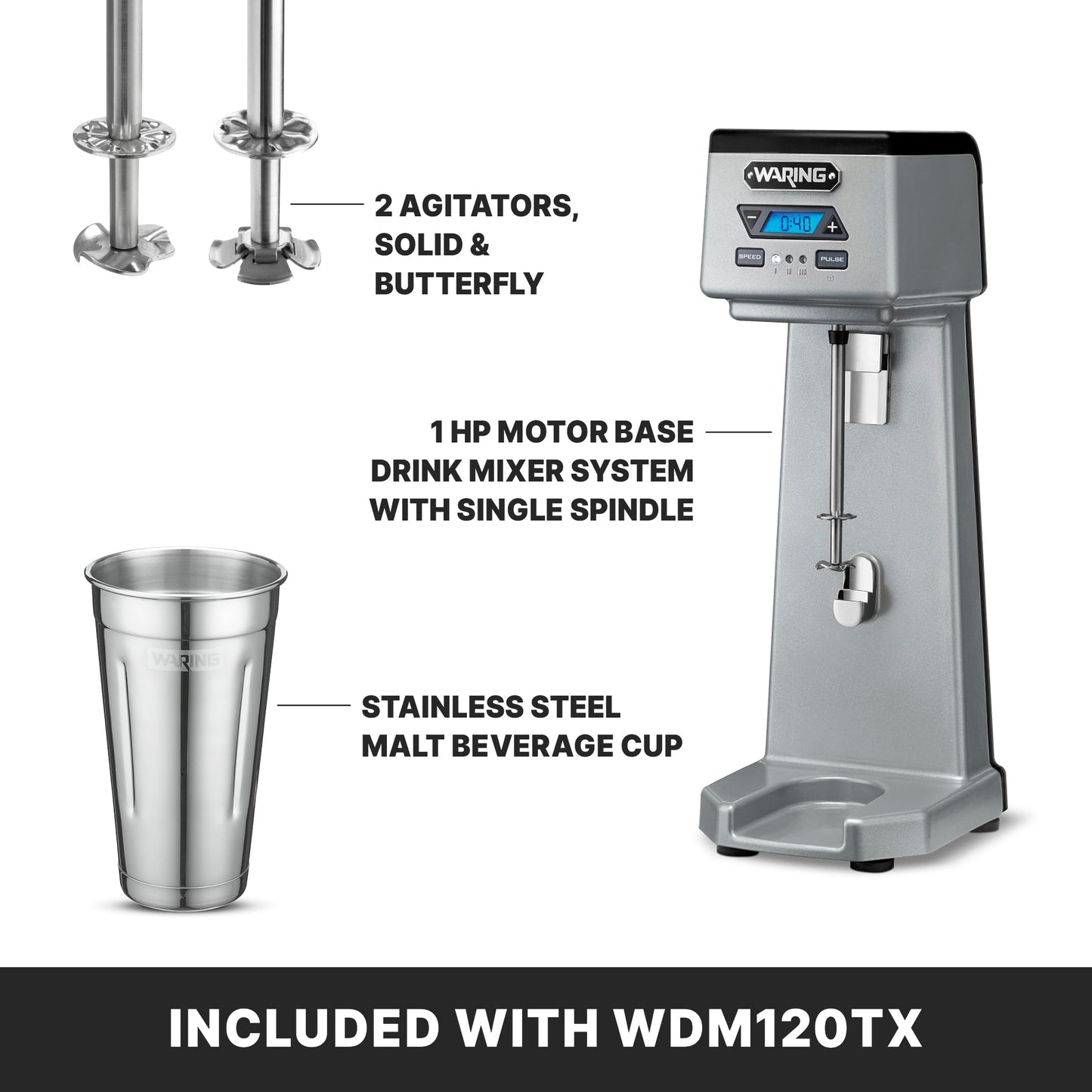 Waring Commercial Heavy-Duty Single Spindle Drink Mixer, 1 Horsepower Motor with Digital Timer, Milkshake Maker Machine for Ice Cream Shops, WDM120TX