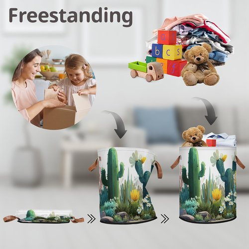 FZDXZJJ Large Round Laundry Storage Basket - Cactus Bin with Handles, Collapsible box for Home, Office, Toy Organizer, Bedroom, Living Room, Home Decor (Cactus)
