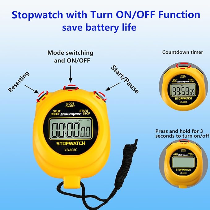 Stopwatch Timer with Countdown, ON/Off Simple Operation No Clock No Date, Digital Stop Watch for Sports, Yellow