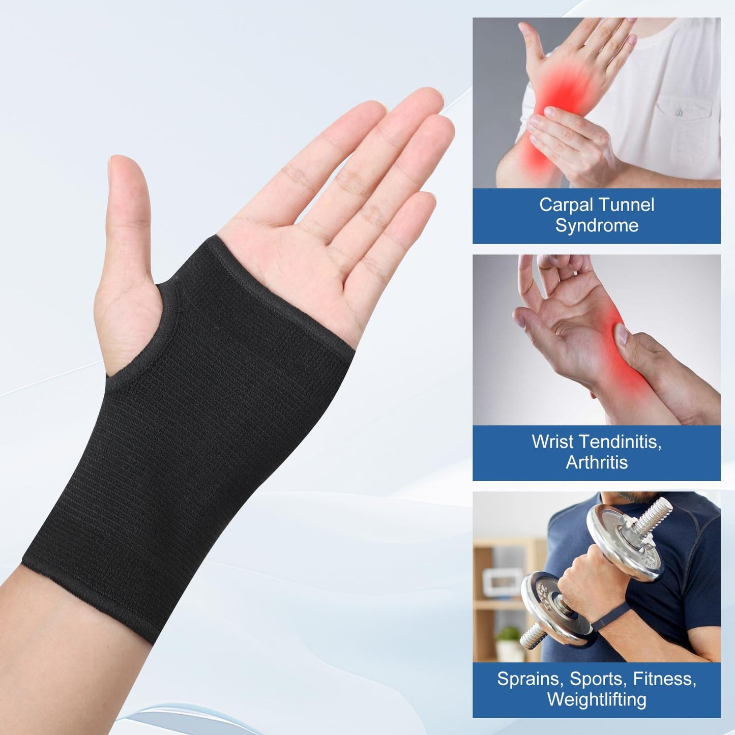 JUSDIQIR Palm Brace Wrist Support Sleeves (1 Pair), Everyday Use Wrist Brace, Compression Carpal Tunnel for Wrist Pain Relief, Fitness Gloves, Sports Glove, Wrist Brace for Men and Women (M, Black)