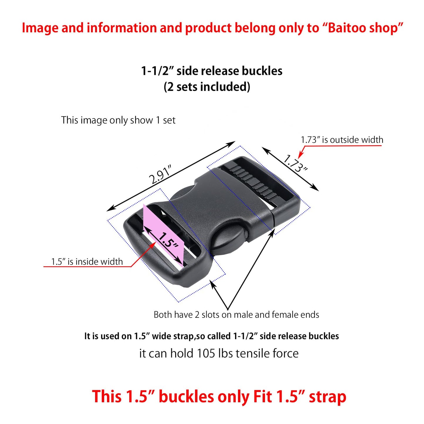 Baitoo Quick Side Release Buckles 1 1/2 inch Heavy Duty Plastic Buckle Clips 1.5" Belt Snap Buckle Clasp Backpack Buckle Replacement for Strap 1.5 inch (1.5inch(38mm)-2 Sets)