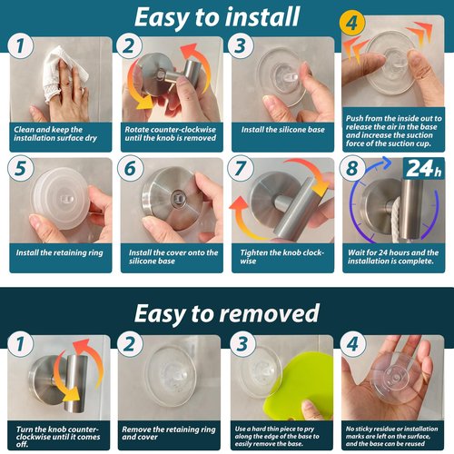 AbluFirst Suction Cup Hooks for Shower, 4-Pack, No-Drill Heavy Duty, Removable and Reusable, Suitable for Bathrooms, Glass, Kitchen Mirrors, Tiles, Hanging Towels, Bathrobes, Coats (Silver)