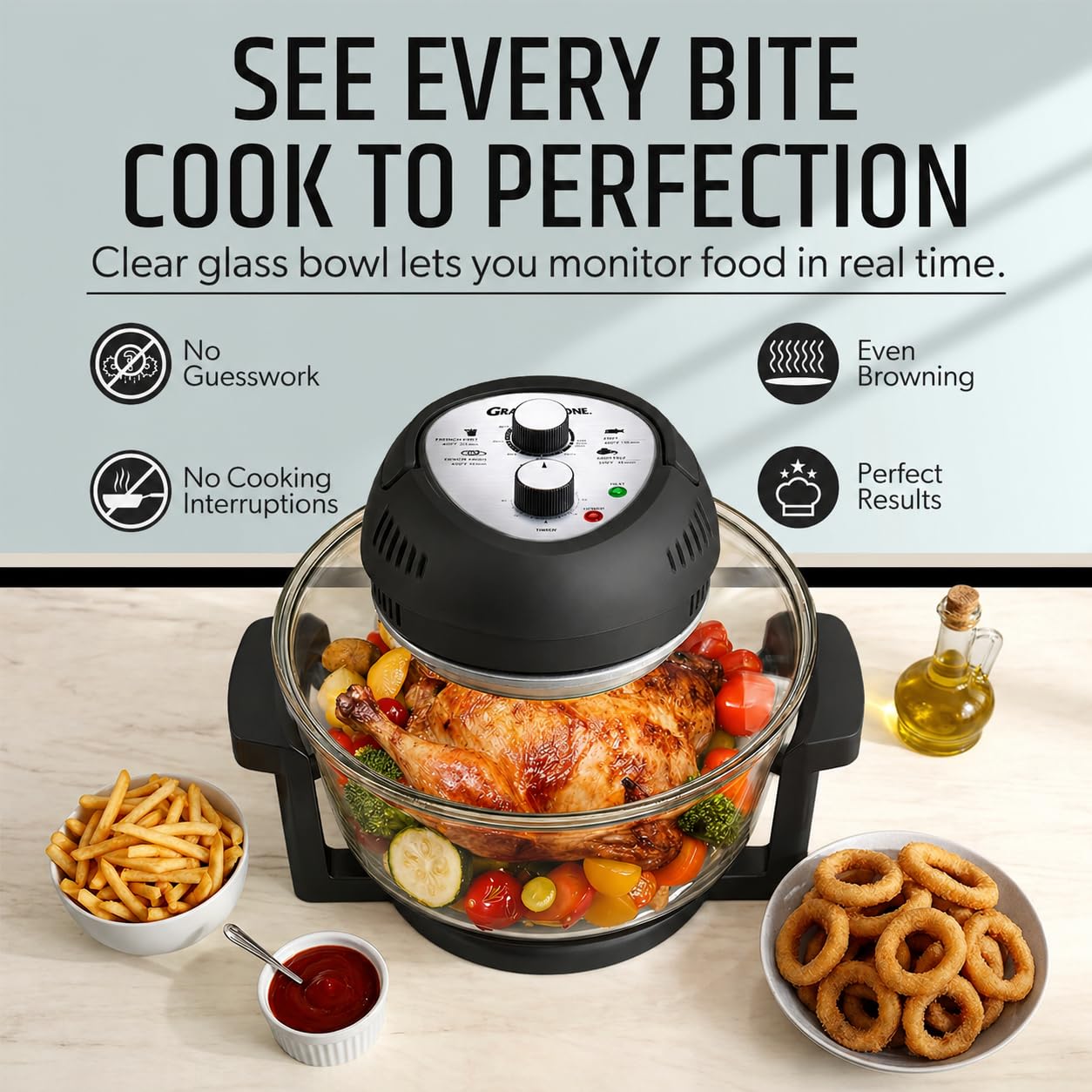 Granitestone 16 Qt Large Glass Air Fryer Non Toxic – Family Sized Airfyrer Cooker with 3 Cooking Sections, Stainless Steel Racks, No Preheat, Self Cleaning, Dishwasher Safe - Black