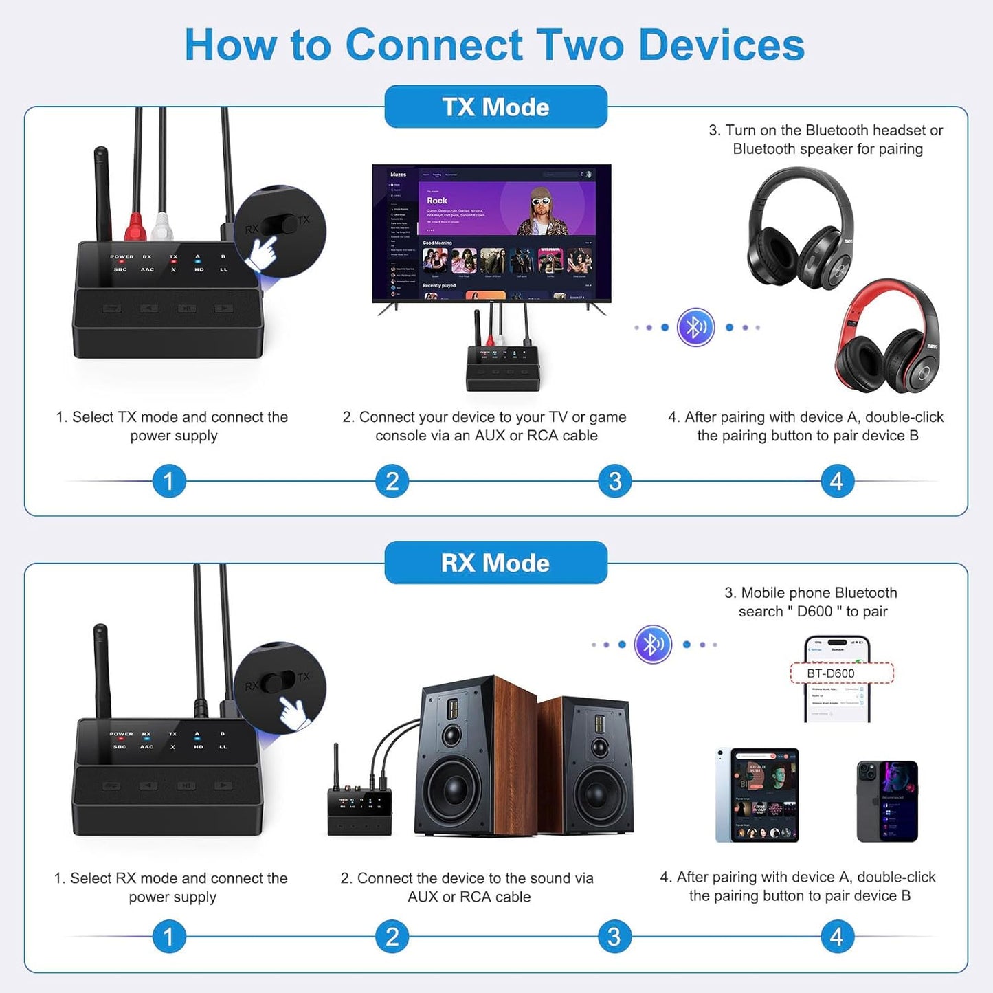 Criacr 5.3 2 1 2 Bluetooth Audio Adapter, Bluetooth AUX Adapter, in Transmitter Receiver with aptX Low Latency