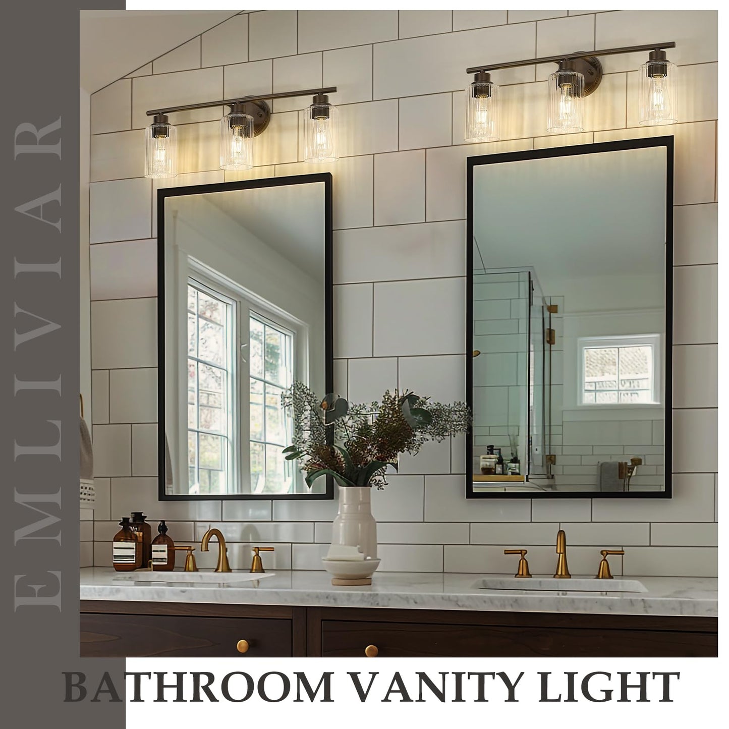 Emliviar 3-Light Vanity Light Fixture, Oil Rubbed Bronze, Fluted Ripple Glass, 23.5 Inch, Model YE295B-3W ORB