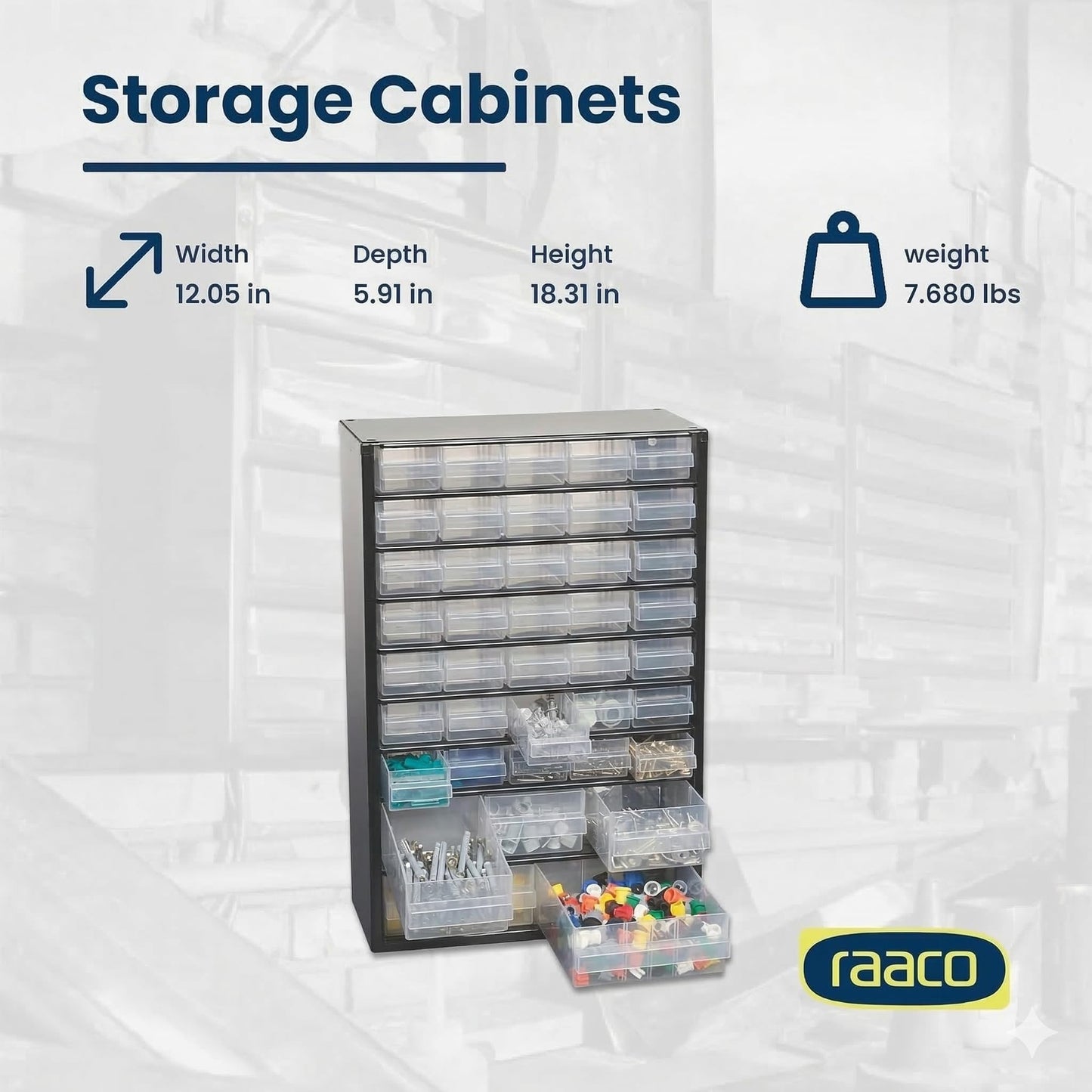 Raaco Steel Storage Cabinet, Tall 40-Drawer, Clear Polypropylene Plastic Drawer – Small Parts Organizer, Screws, Nuts & Bolts, Crafts & Hardware – Tool Cabinet for Workbench & Wall Storage (C10-40)