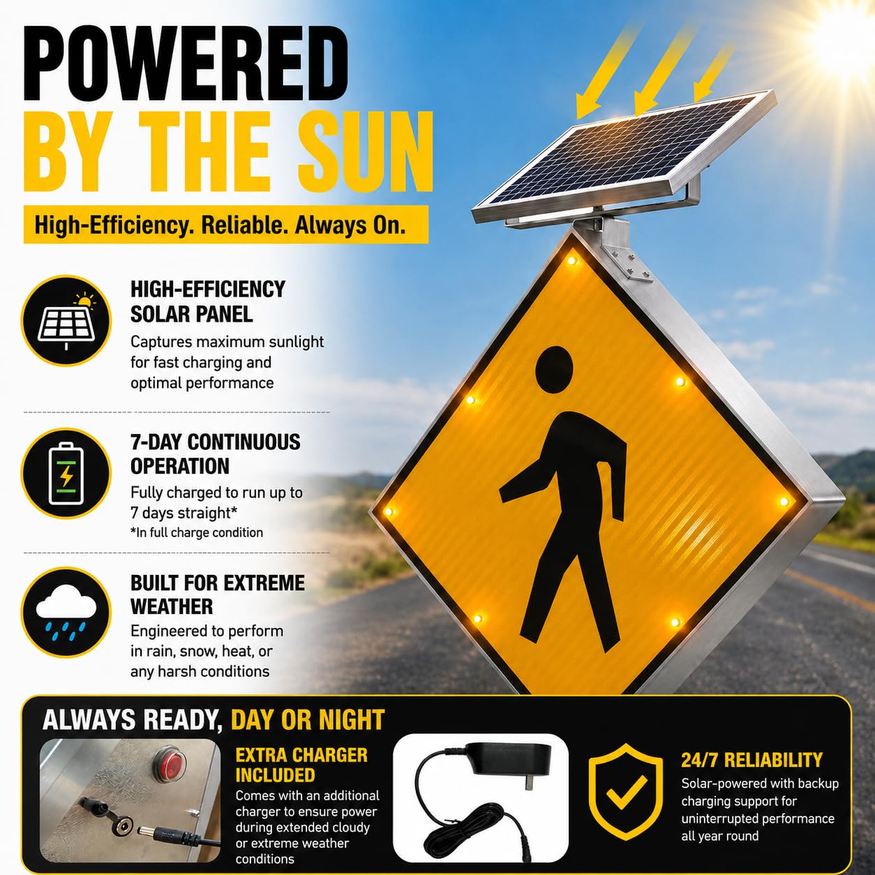 GAJTTR 30" Solar Powered LED Pedestrian Crossing Sign, High Visibility Flashing Crosswalk Sign with 8 Blinking LEDs, Engineer Grade Reflective Film, Heavy Duty Aluminum Metal Frame for Schools, Driveways & Communities (Yellow)