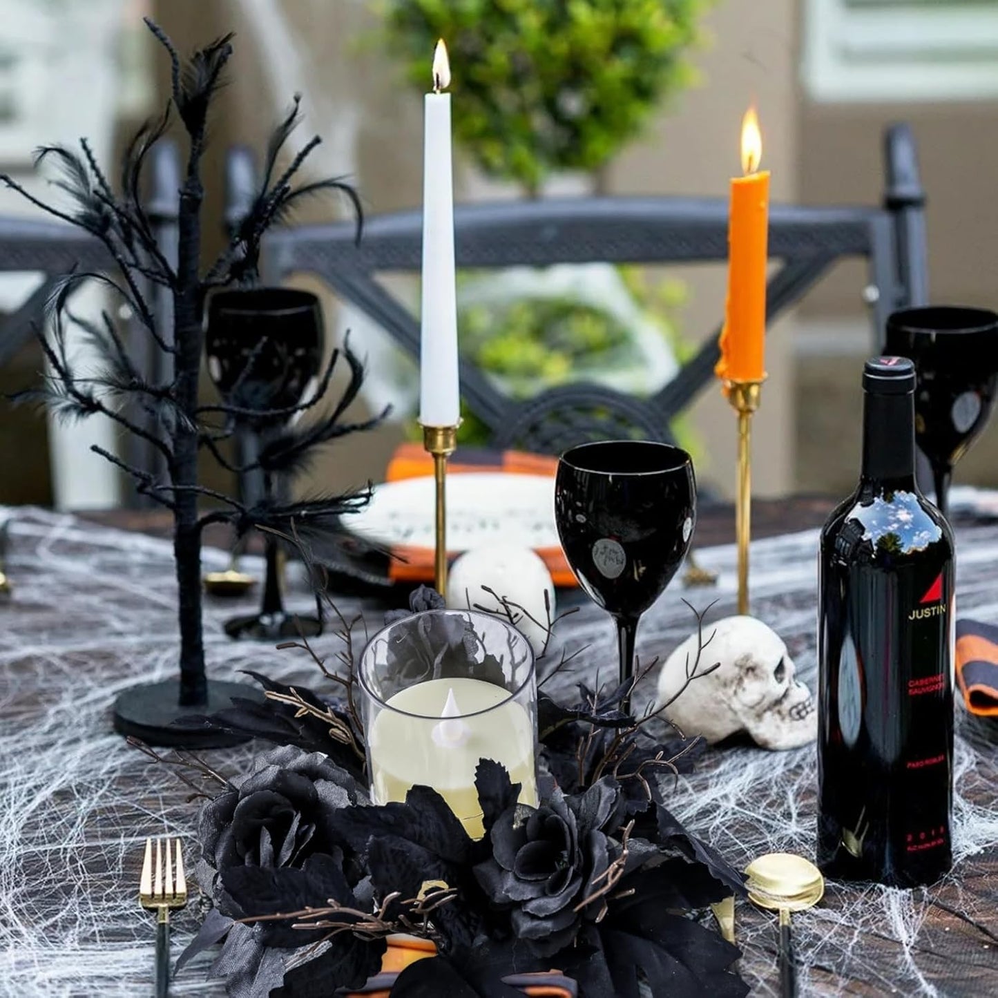 Skiennix Gothic Halloween Wreath - Black Candle Rings & Maple Rose Garland | Perfect for Home Decor