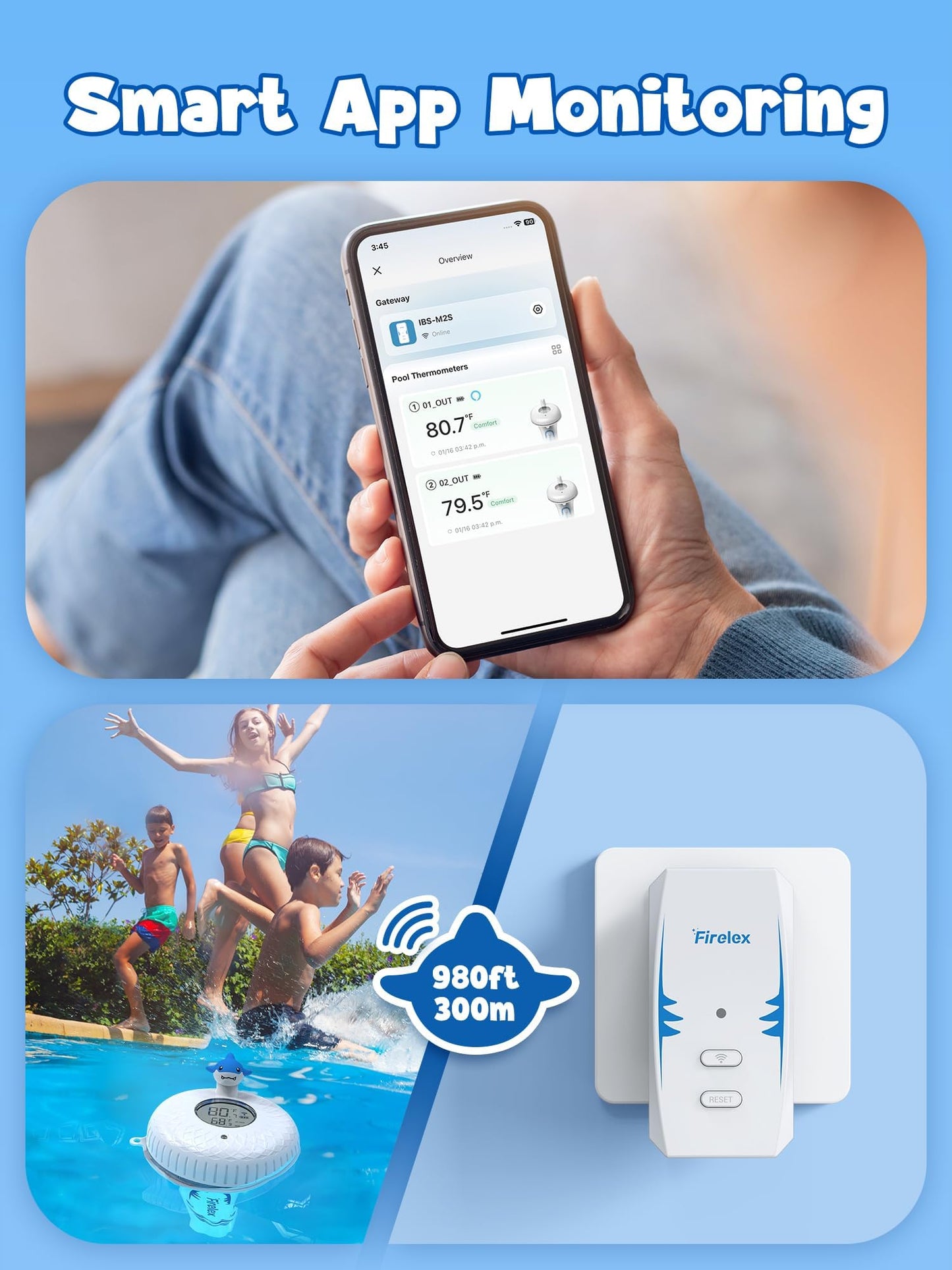Firelex WiFi Pool Thermometer Wireless with App Remote, Easy Read Smart Thermometer Floating | Digital -40~158℉ Water Temperature Monitor IPX7 | Funny Shark for Swimming Pool, Hot Tub, Spa, Ice Bath