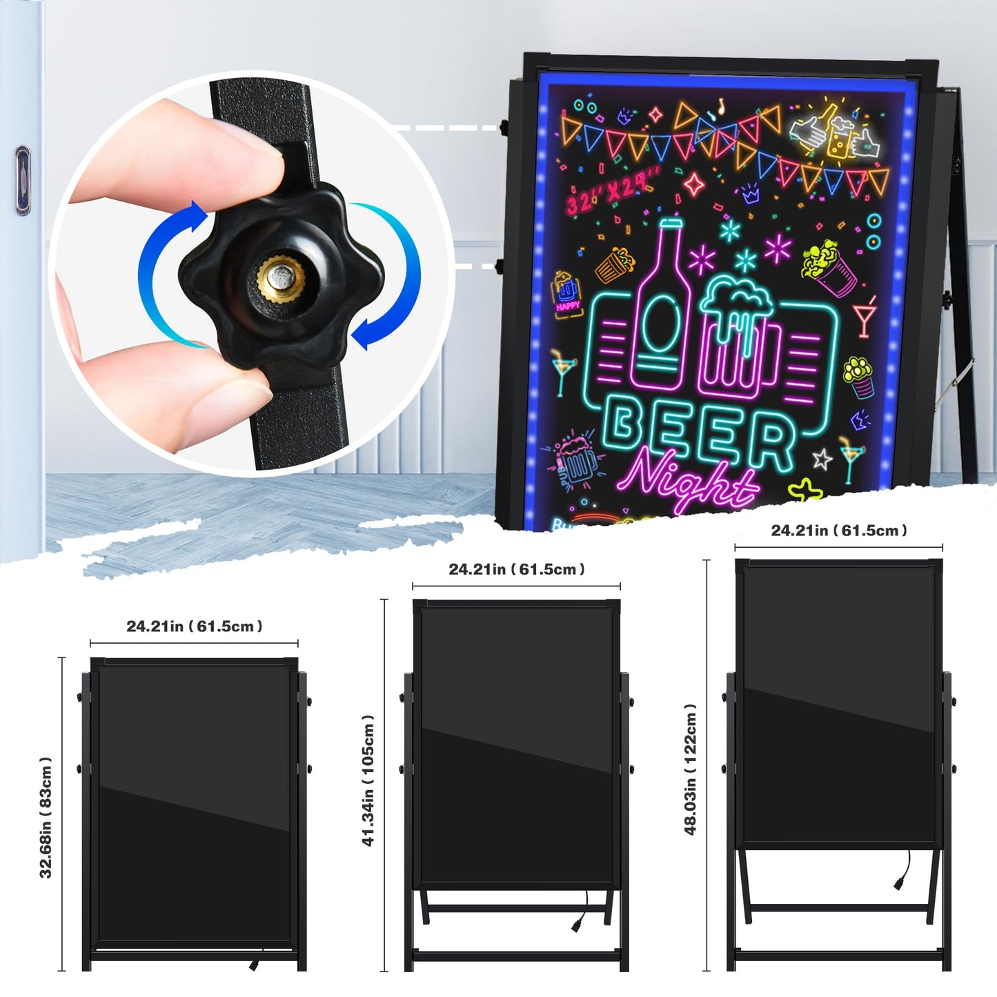 Hosim Standing A-Frame LED Message Writing Board, 32”x 24" Illuminated Erasable Neon Restaurant Menu Sign Board with 8 Colors Markers & 16 Lighting Colors DIY Chalkboard Light Up Sign
