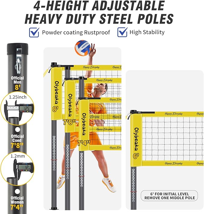Outdoor Portable Volleyball Net Set for Backyard Beach with Adjustable Heavy Duty Poles, Durable Net, PU Volleyball & Pump, Carry Bag