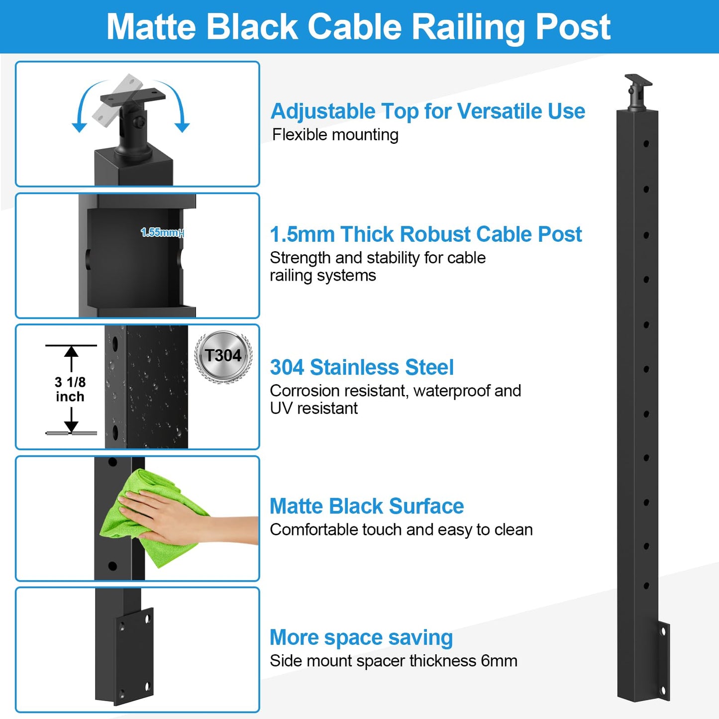 RailinGo 4-12FT 36" Side Mount Stair Railing Post Kits Include 2Pack Right Side Stair Posts, 150FT Wire Rope, Fasica Mount Swageless Stair Railing, 1/8" Stainless Steel Black Cable Railing Kits, RG73