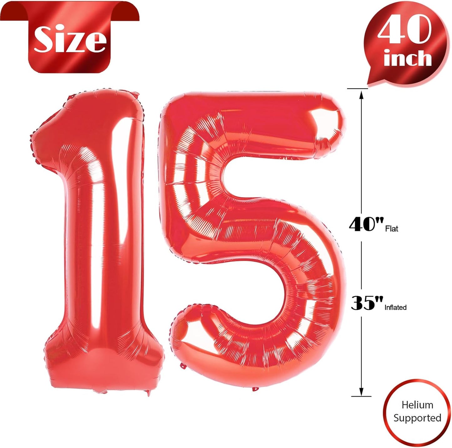 Red Number 15 Balloon - 40 Inch Birthday Decoration for 15th Birthday Parties | Perfect for Girls & Boys