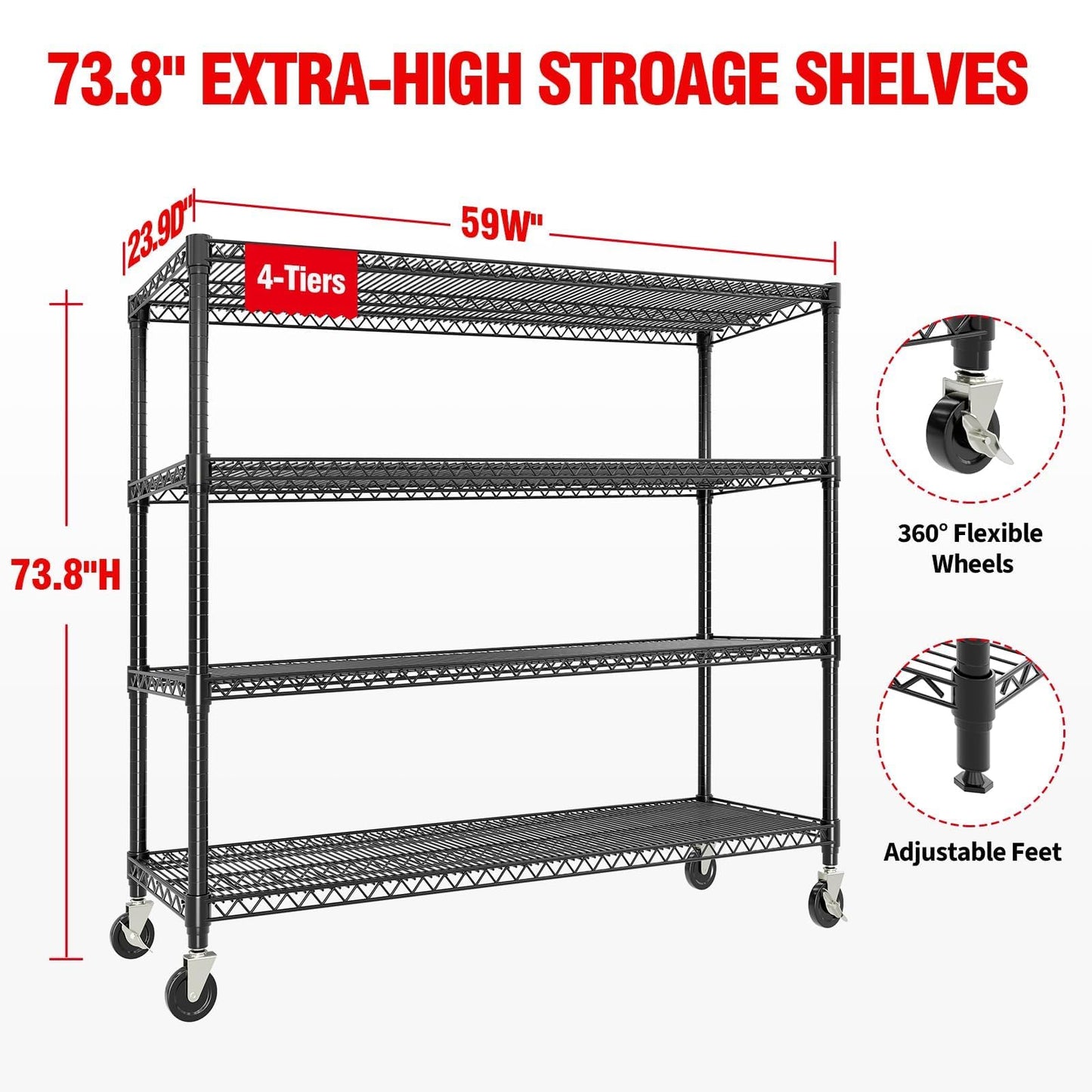 GAOMON 60" W Storage Shelves with Wheels, Metal Shelving Units Heavy Duty 2640LBS with Adjustable Wire Shelf, 4 Tiers Shelf Rolling Garage Shelving Organization, 74" H x 23.6" D