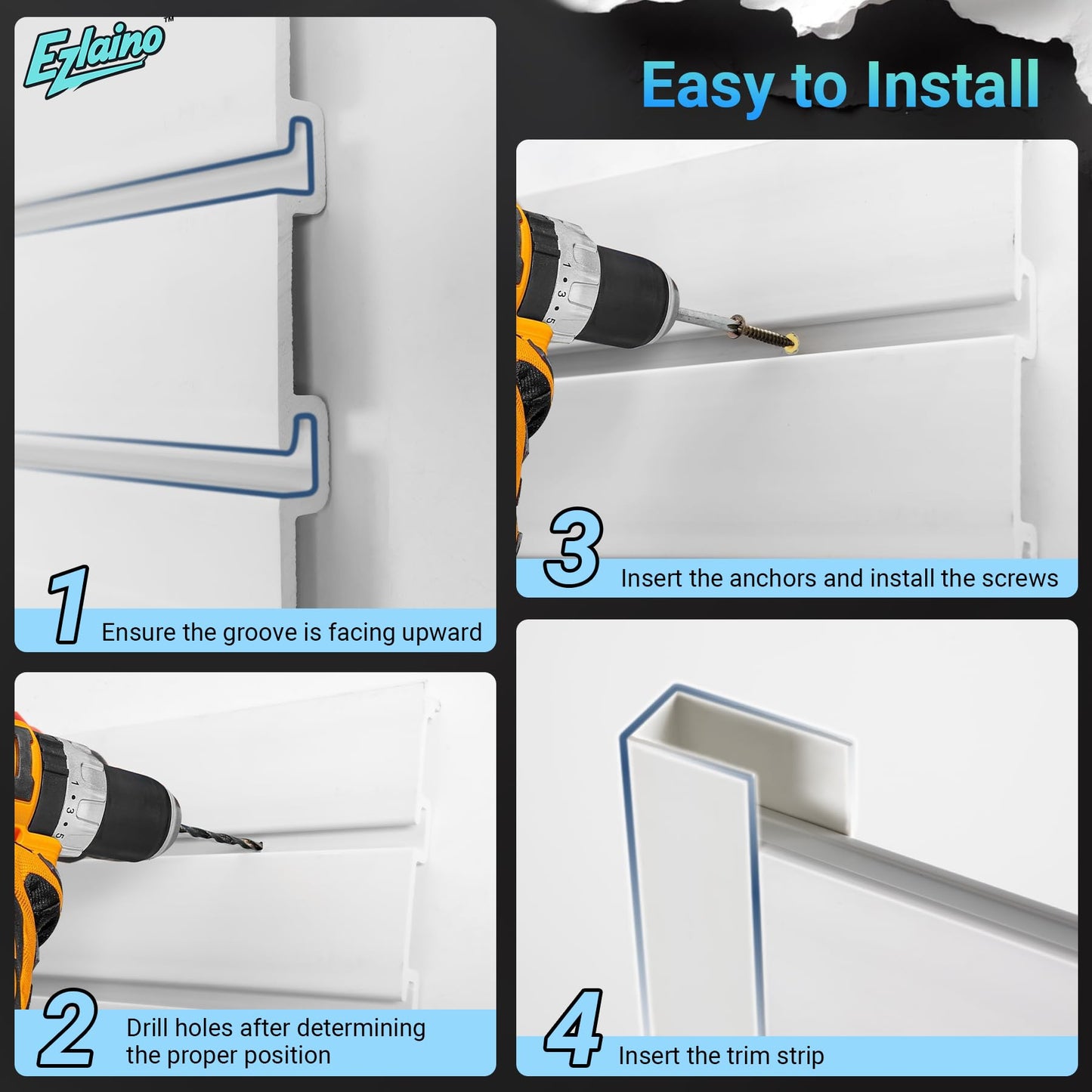 Ezlaino Slat Wall 4 FT x 8 FT, PVC Slat Wall Paneling, Upgraded & Thickened for Long-Lasting Durability, Easy to Install, Compatible with Most Hooks, Ideal for Garage Storage & Decoration, White