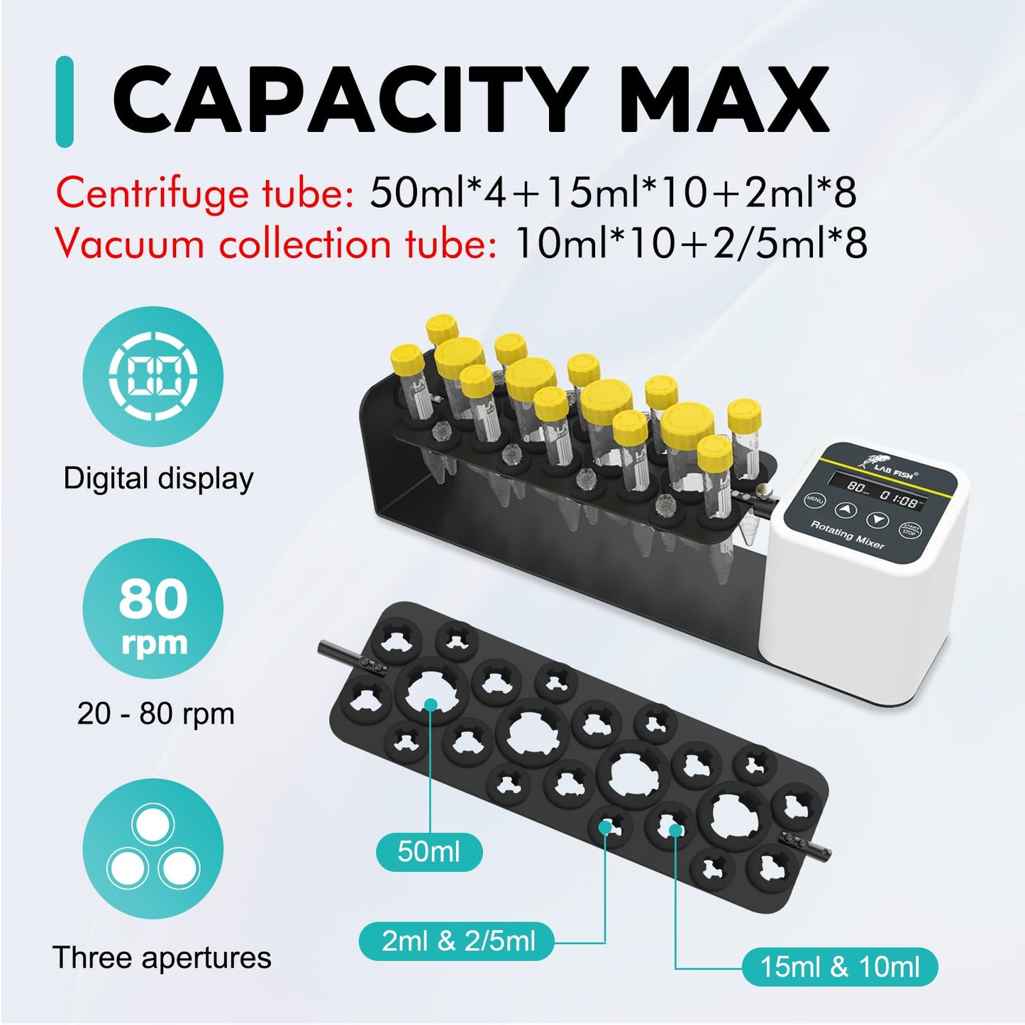 LAB FISH Digital Long Axis Rotating Mixer Shaker Chemical Tube Mixer Adjustable Speed 20-80RPM Timer 1min-23h59min & Continuous Mode for 2/5/10/15/50ml Test Tubes