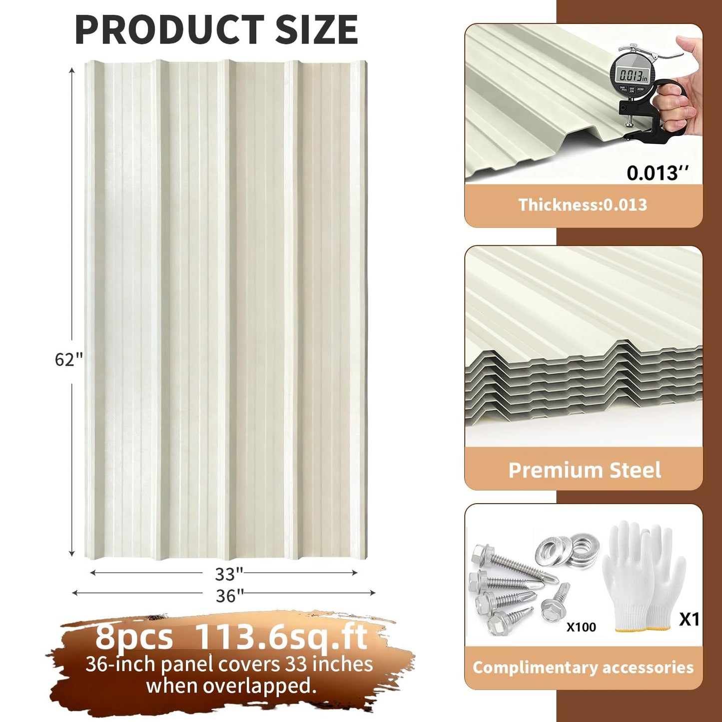 Extra-Wide Coverage Metal Roof Panels (62"x33") Corrugated Galvanized Steel with Screws Waterproof for Warehouse Industrial Shed Garage Patio Roofing 8 Pcs Ivory
