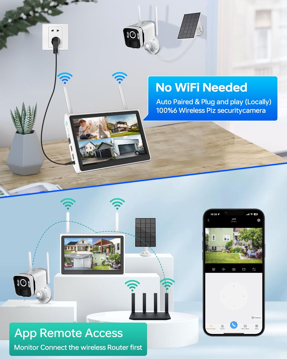 ZHXINSD 4MP Solar Powered Security Camera Outdoor Wireless System with 10" Monitor, 5G/2.4G WiFi 4PCS Outdoor Battery Camera with Solar Panel10CH Home Security System AI Human Detection 2-Way Audio