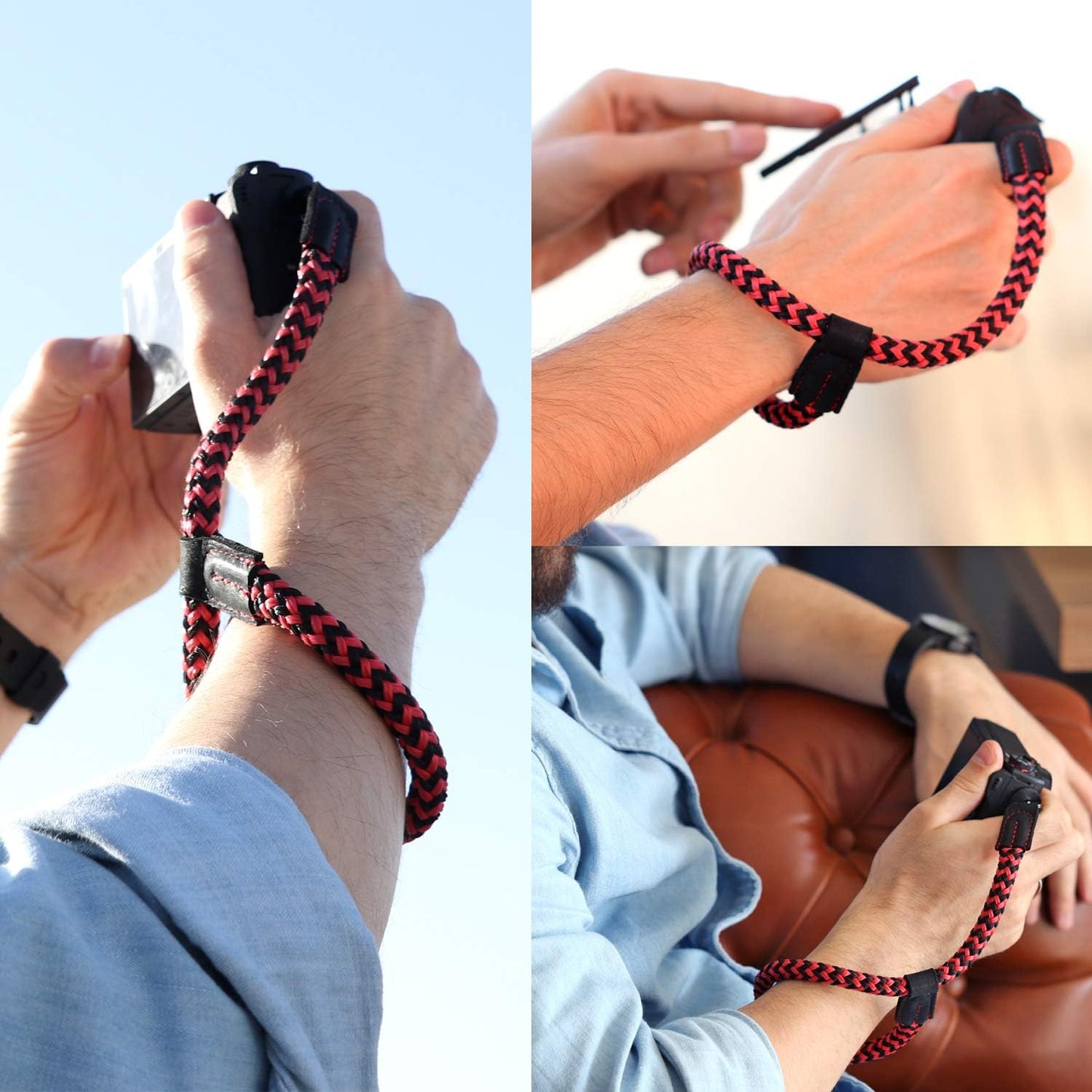 MegaGear Leather & Cotton Camera Wrist Strap - Secure Hand Grip, Adjustable Anti-Drop Hand Strap Compatible with Canon