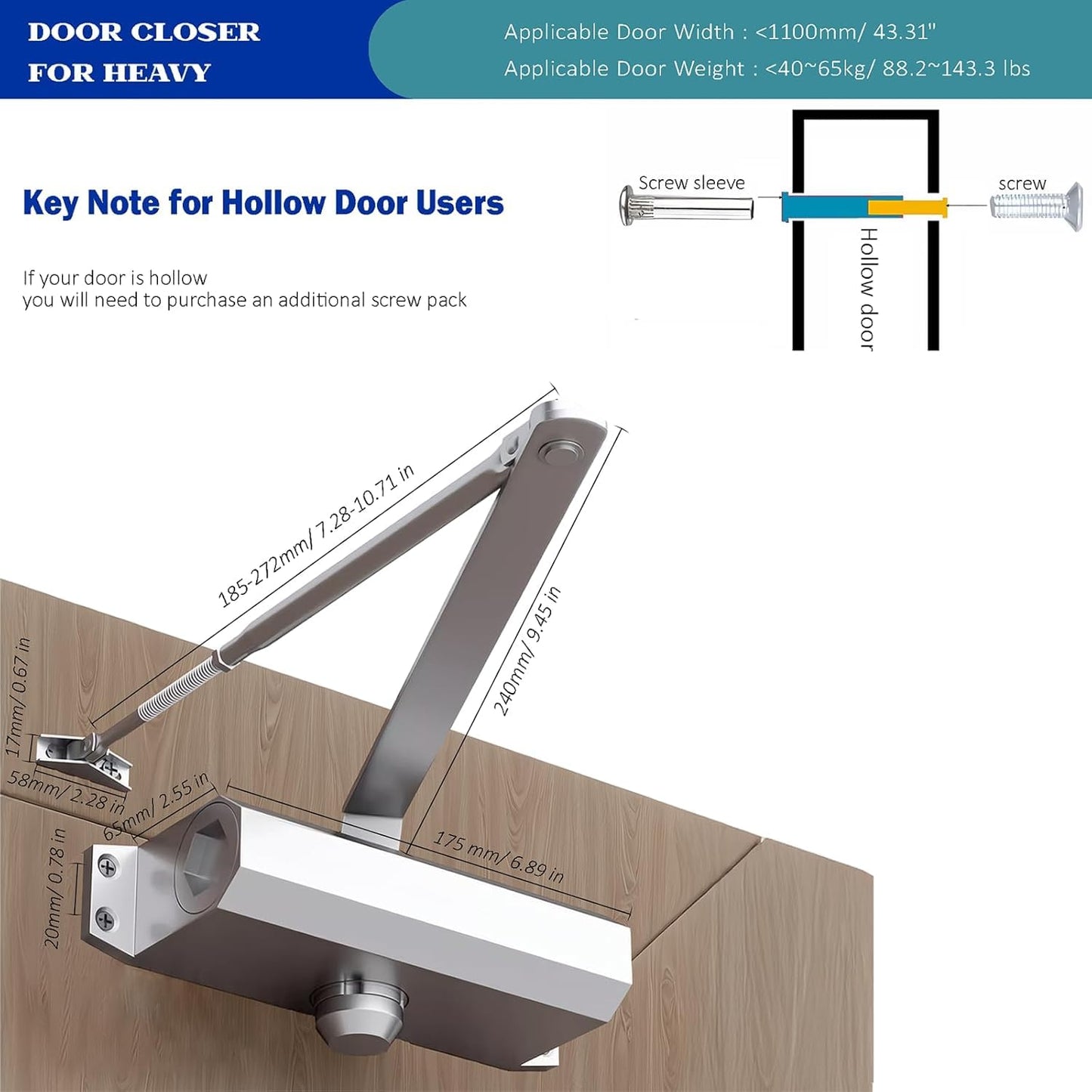 Heavy Duty Automatic Door Closer, Self Closing Hydraulic Door Closer, Soft Close No Slam, Anti Rust Aluminum, Easy DIY Install, Fits 88-143lb Doors 23-43in, for Home & Commercial Use