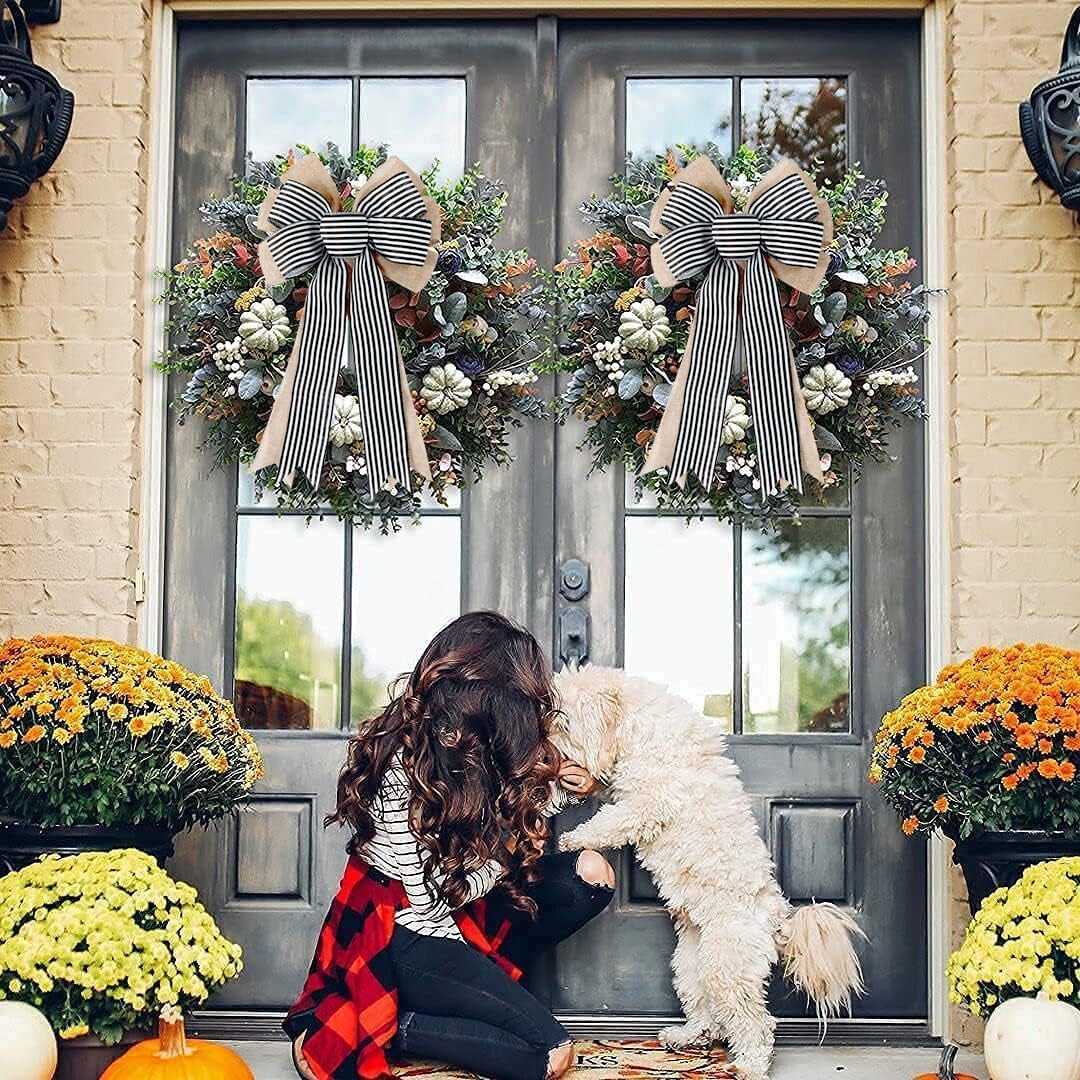 Skiennix 2 Pack Burlap Fall Bows - Black & White Stripe Decor for Wreaths, Weddings & Home